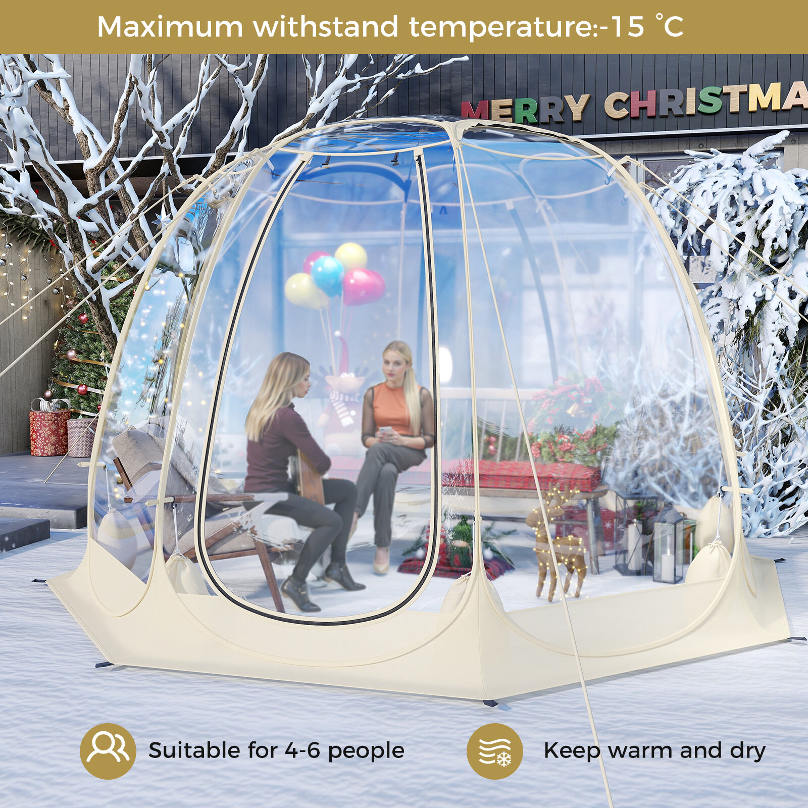 Pop Up mullitelk 630° läbipaistev PVC iglu 8,5 x 8,5 jalga koheselt paigaldatav varikatusega maja 5-6 inimesele - beež