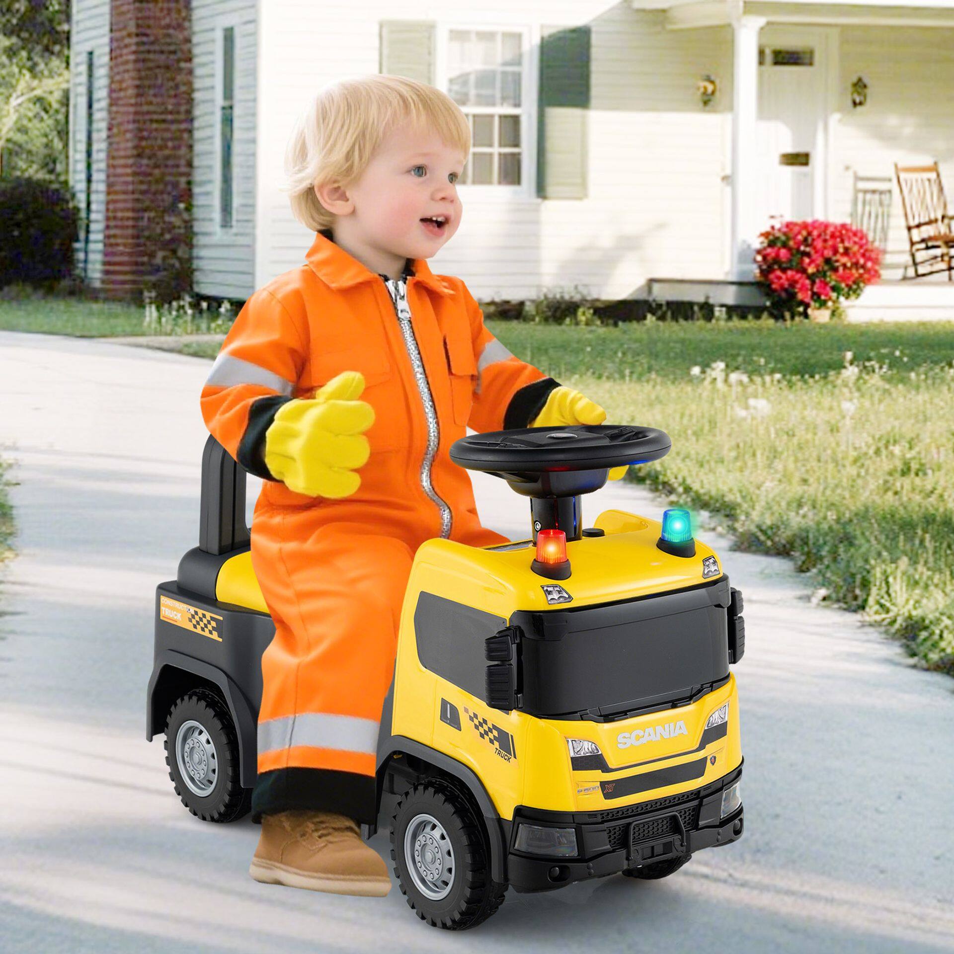 Kids Ride On Push Car Licensed SCANIA Truck Toy with Steering Wheel and Music-Yellow