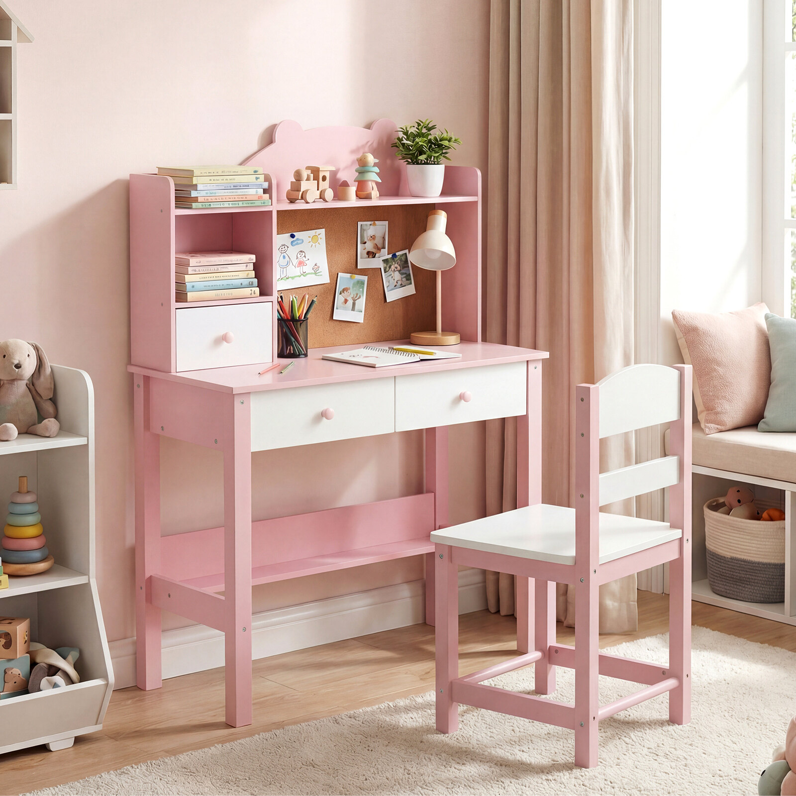 Costway Wooden Kids Study Desk and Chair Set for Kids 3+-Pink & White