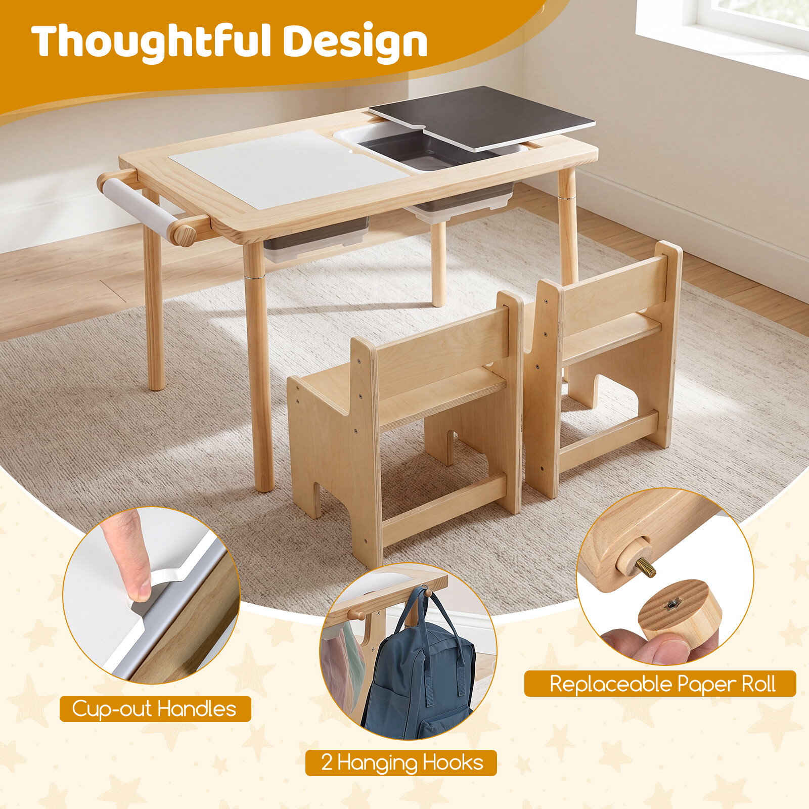 3-Piece Kids Activity Table and Chair Set with Adjustable Height-Natural