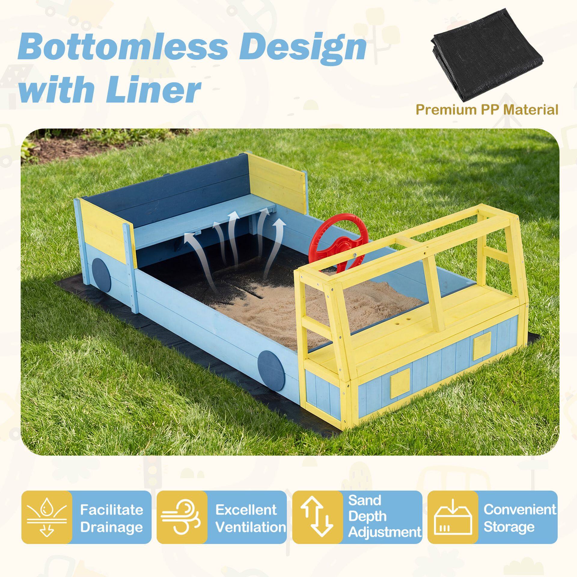 Large Wooden Kids Sandbox with Bottom Liner and Bench Seat-Blue
