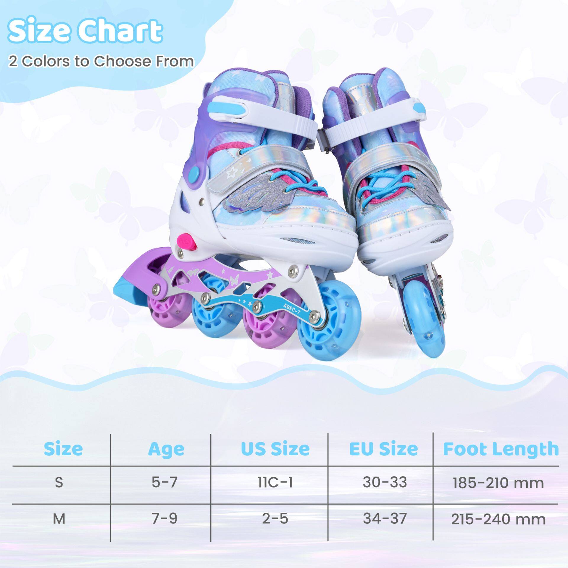 Inline skates for children, 4 sizes adjustable, children's roller skates with light-up wheels, blue, size S