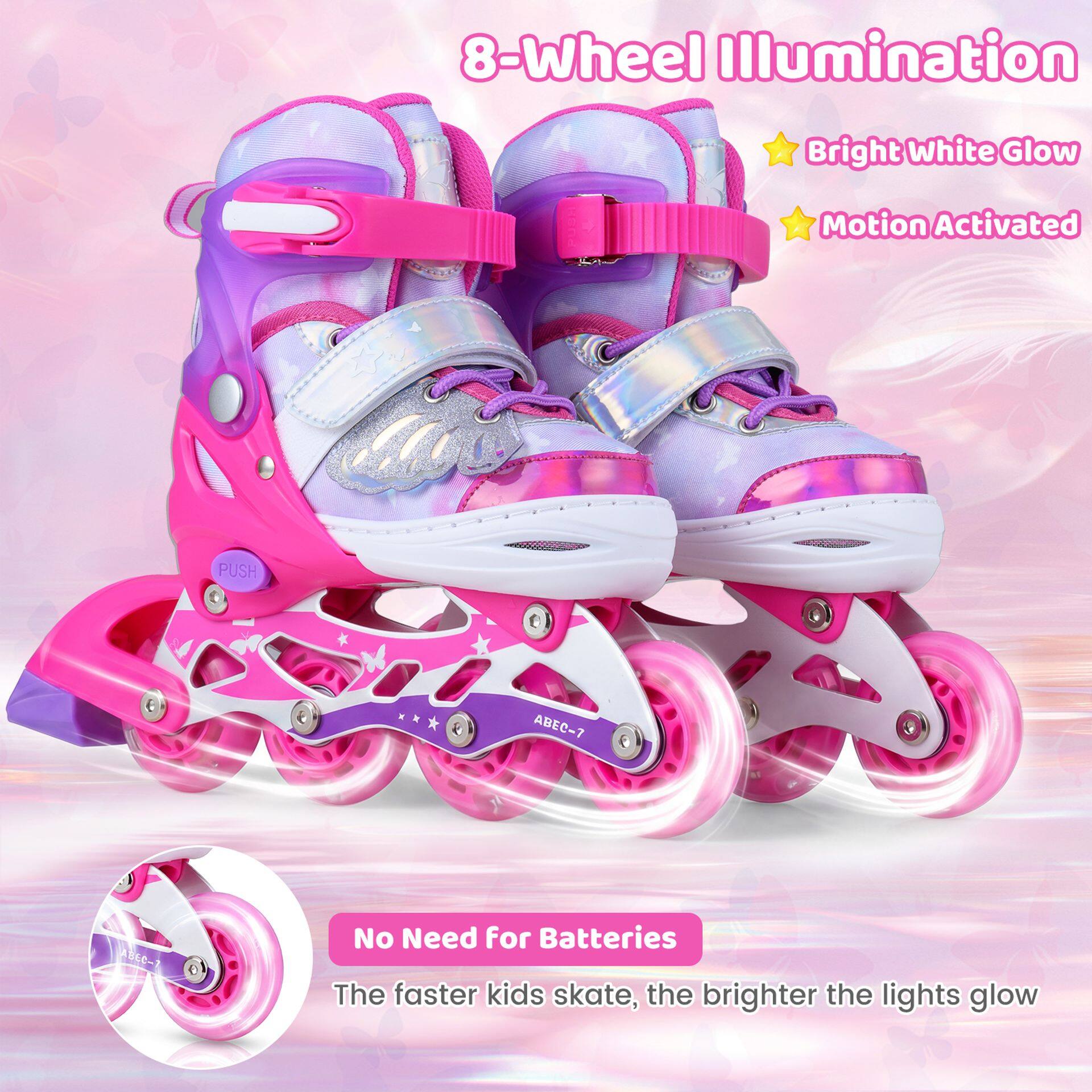 Inline skates for children, 4 sizes adjustable, children's roller skates with light-up wheels, pink, S