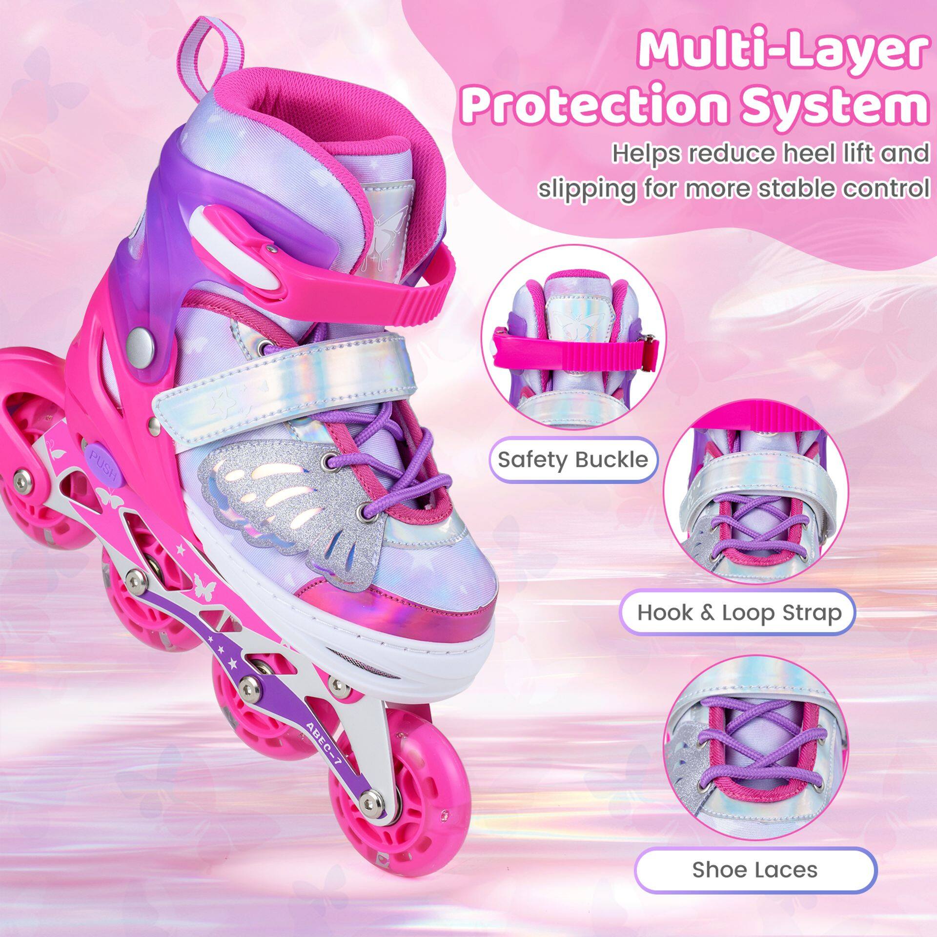 Inline skates for children, 4 sizes adjustable, children's roller skates with light-up wheels, pink M