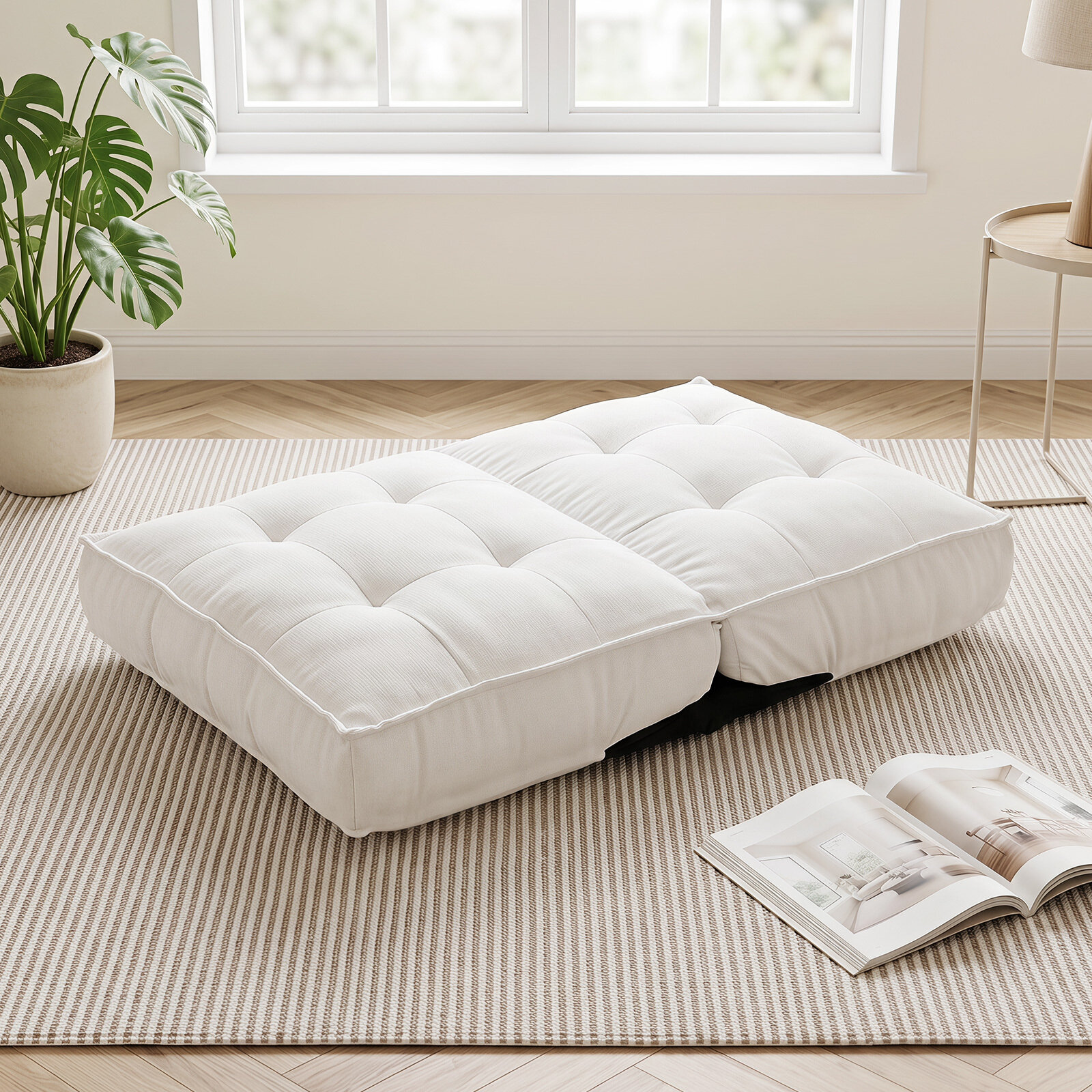 Folding floor chair with adjustable backrest and reclining function, 60 x 57 x 55 cm, white