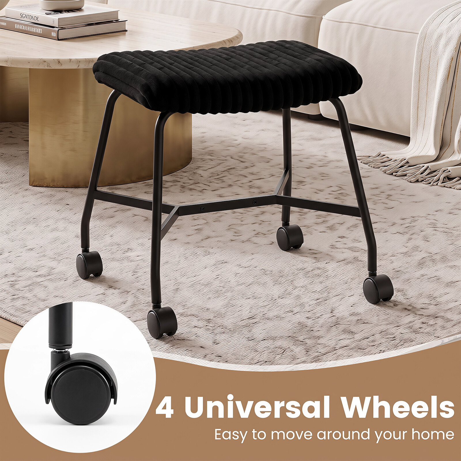 Set of 2 padded rolling stools with curved seat and 4 smooth-rolling casters, black