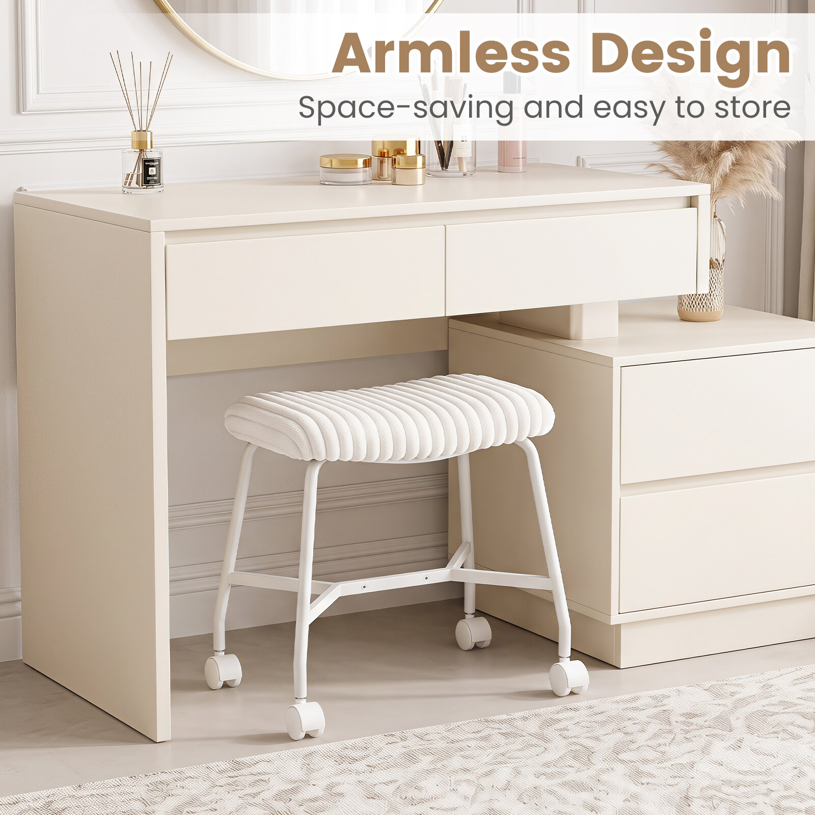 Set of 2 upholstered rolling stools with curved seat and 4 smooth-rolling casters, white