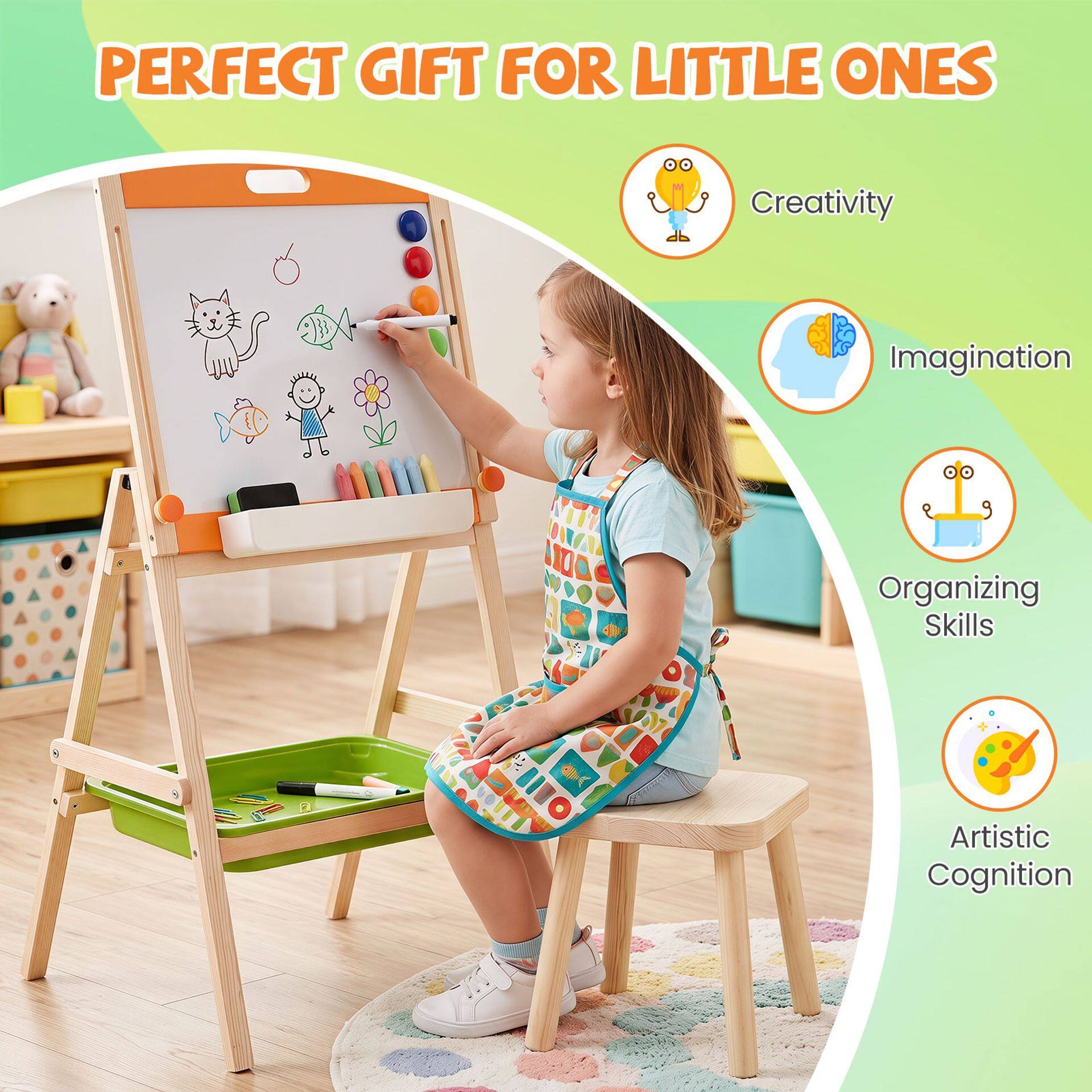 2-in-1 Art Easel for Kids with Magnetic Whiteboard & Blackboard for Ages 3+-Colourful 2-in-1 Art Easel for Kids with Magnetic Whiteboard & Blackboard for Ages 3+-Colourful