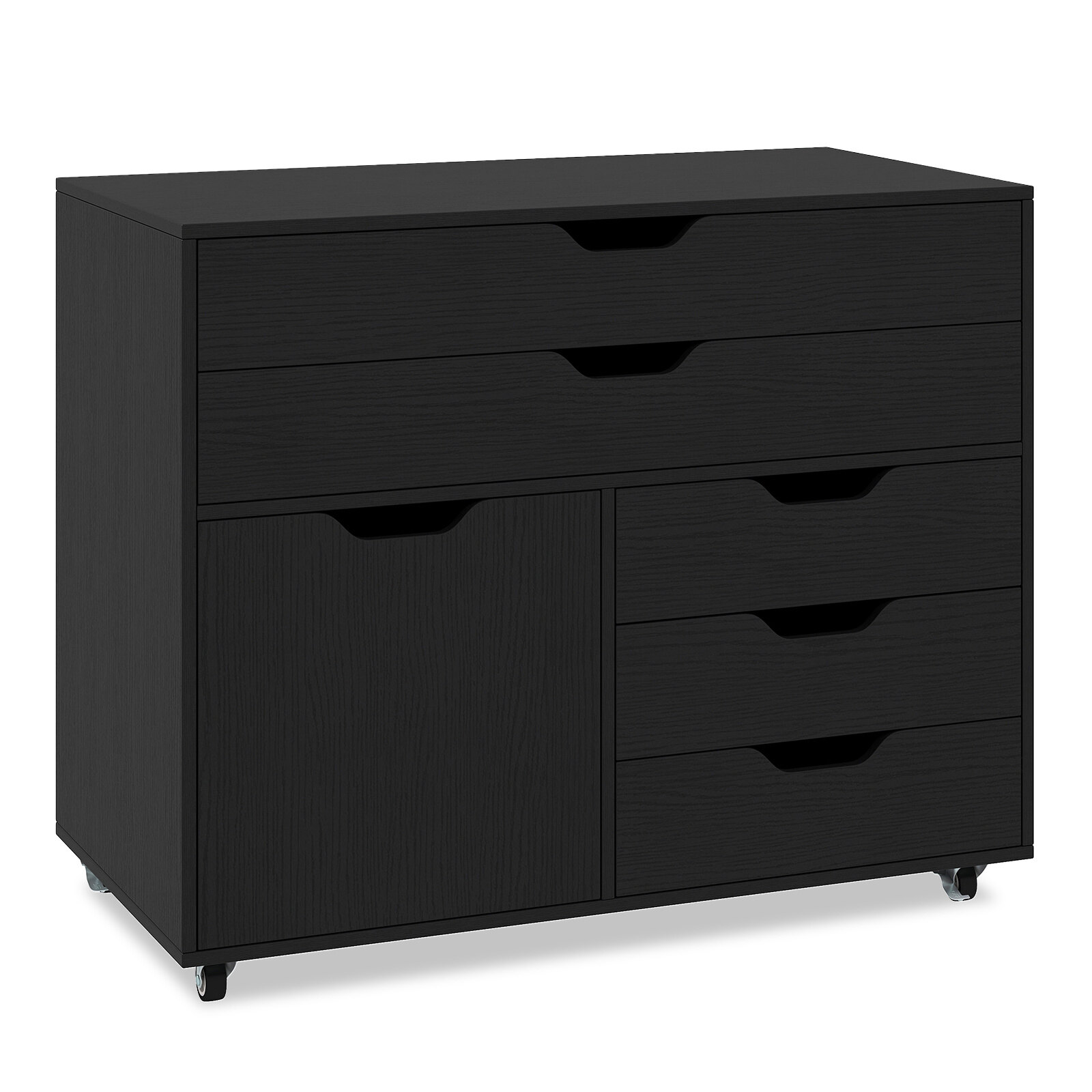 5-Drawer Cabinet with Door, Mobile Serving Cart with 5 Casters, Rolling Side File Cabinet, Printer Stand, Black