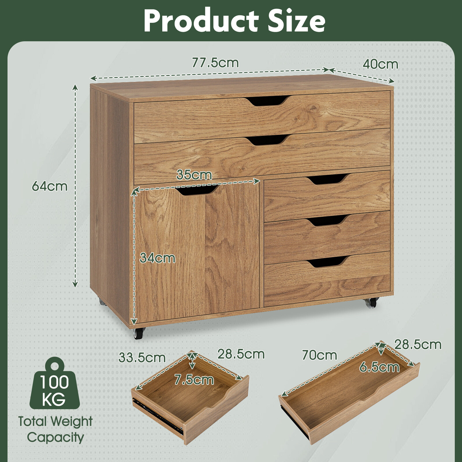 5-Drawer Cabinet with Door, Mobile Serving Cart with 5 Casters, Rolling Side File Cabinet, Printer Stand, Natural