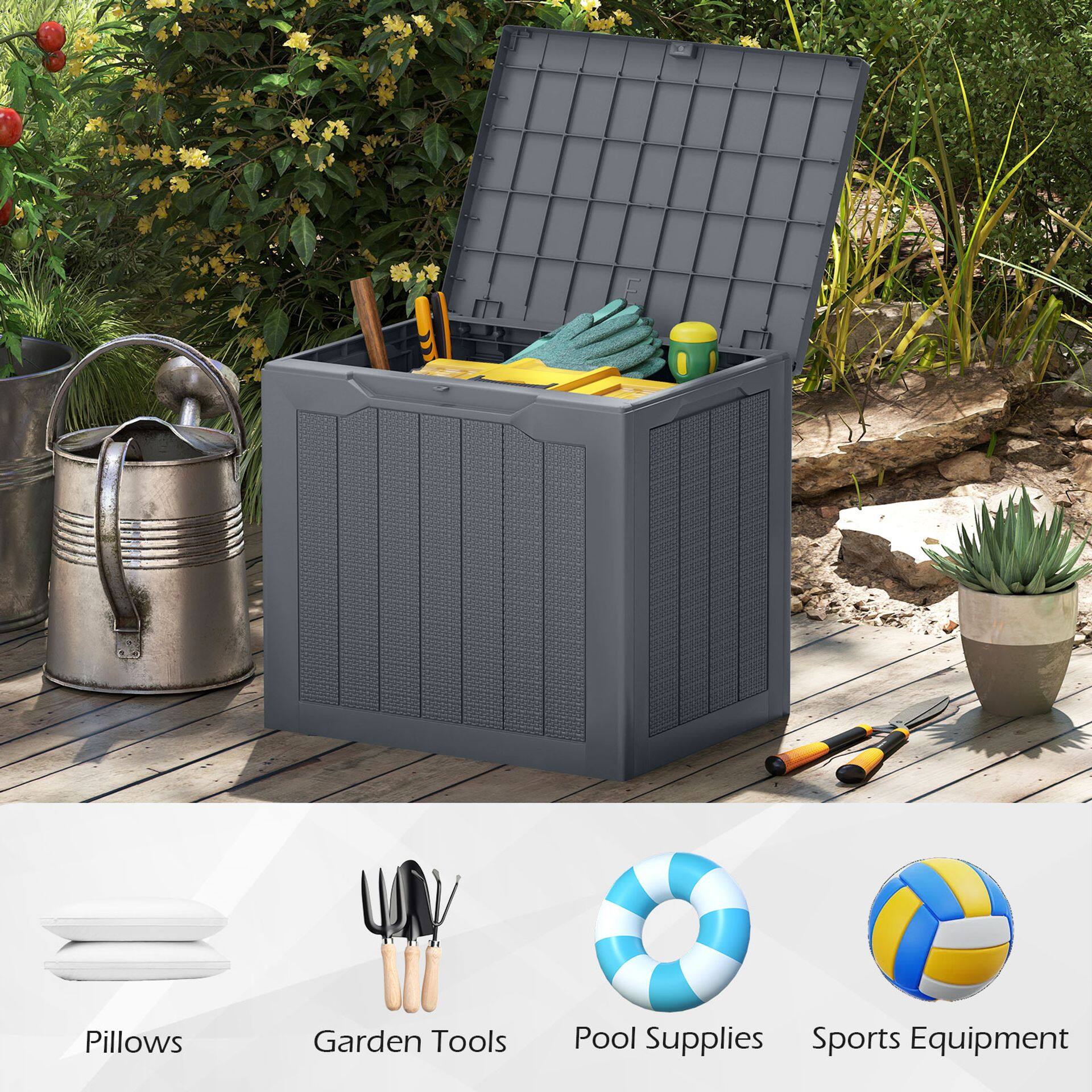 96L Outdoor Storage Chest with Lockable Lid and Woven Rattan Texture Grey Patio Container