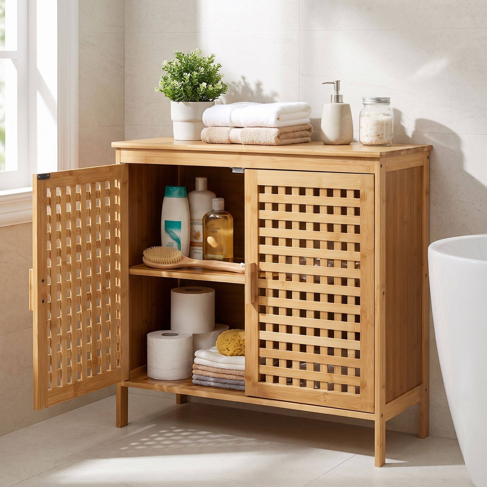 Freestanding Bamboo Bathroom Storage Cabinet with Wide Top and 2 Doors-Natural Freestanding Bamboo Bathroom Storage Cabinet with Wide Top and 2 Doors-Natural