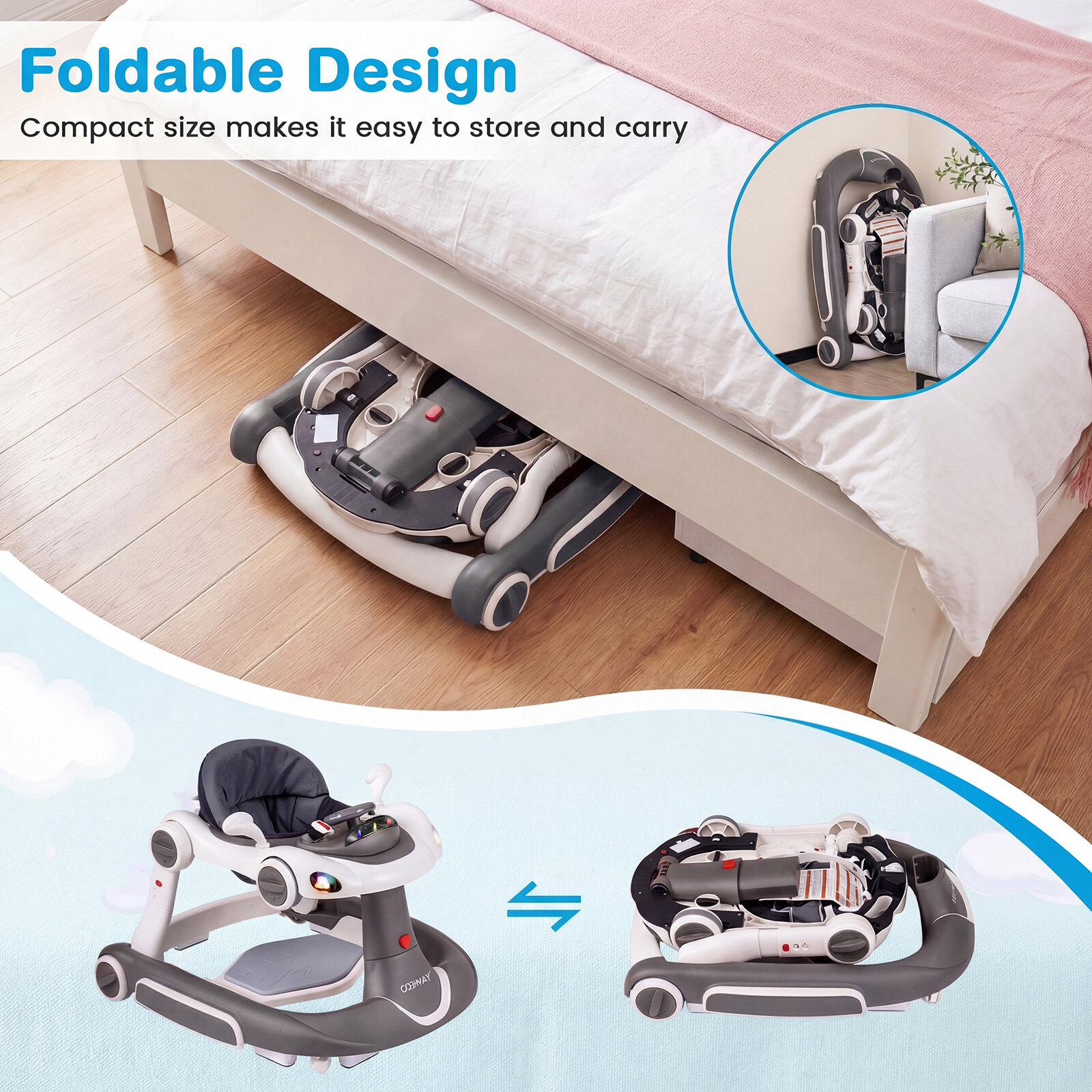 6-ühes käimistool, kombineeritud tegevuskeskus, hüppelaud ja kiiktool muusika, tulede, kiiruse/kõrguse reguleerimisega 7-18 kuu vanustele lastele, hall