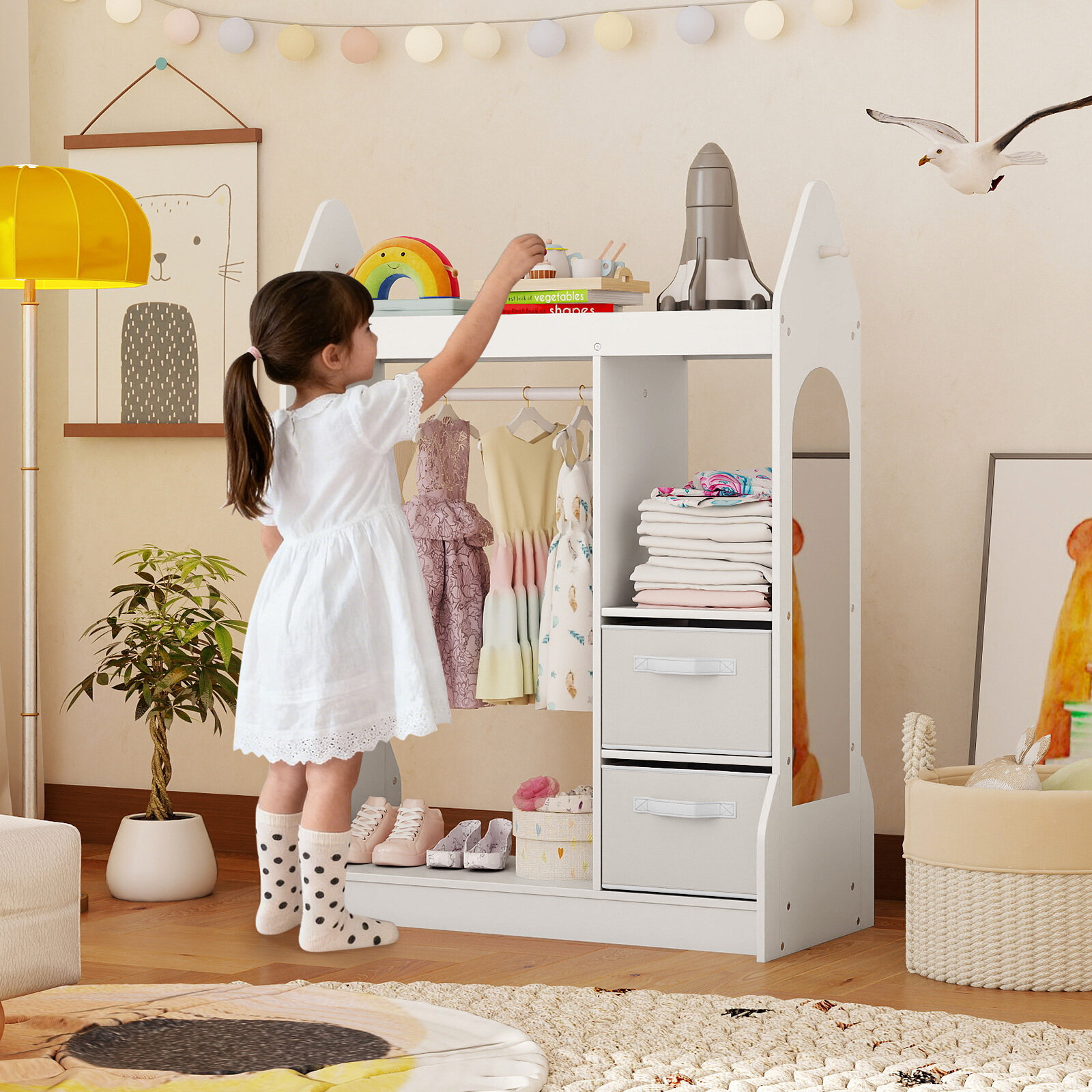 Children's play wardrobe toy dress-up center for children with acrylic mirror and clothes hangers, white