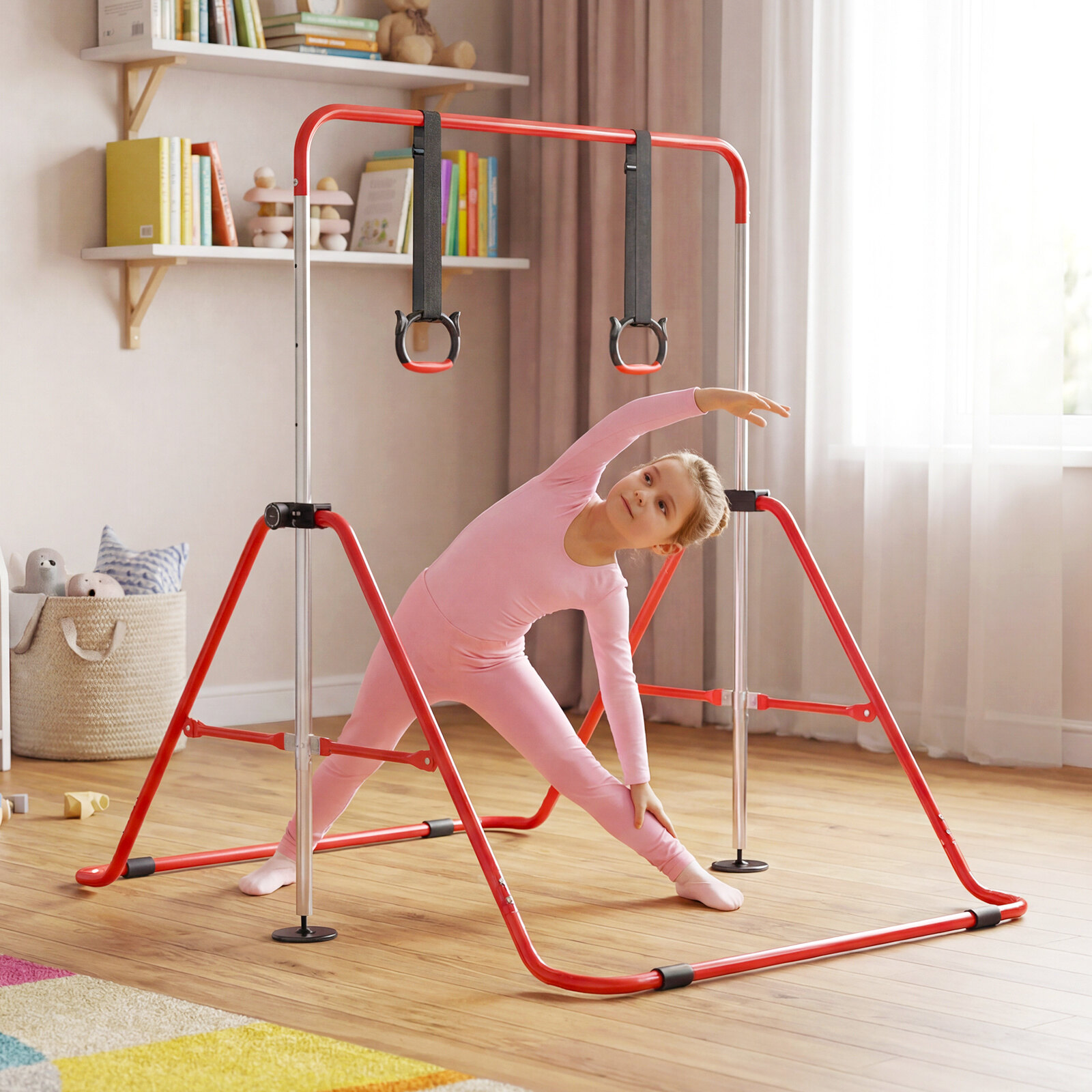 Children's Foldable Gymnastics Bar with 4 Adjustable Heights & Gymnastics Rings, Horizontal Bar, Red Children's Foldable Gymnastics Bar with 4 Adjustable Heights & Gymnastics Rings, Horizontal Bar, Red
