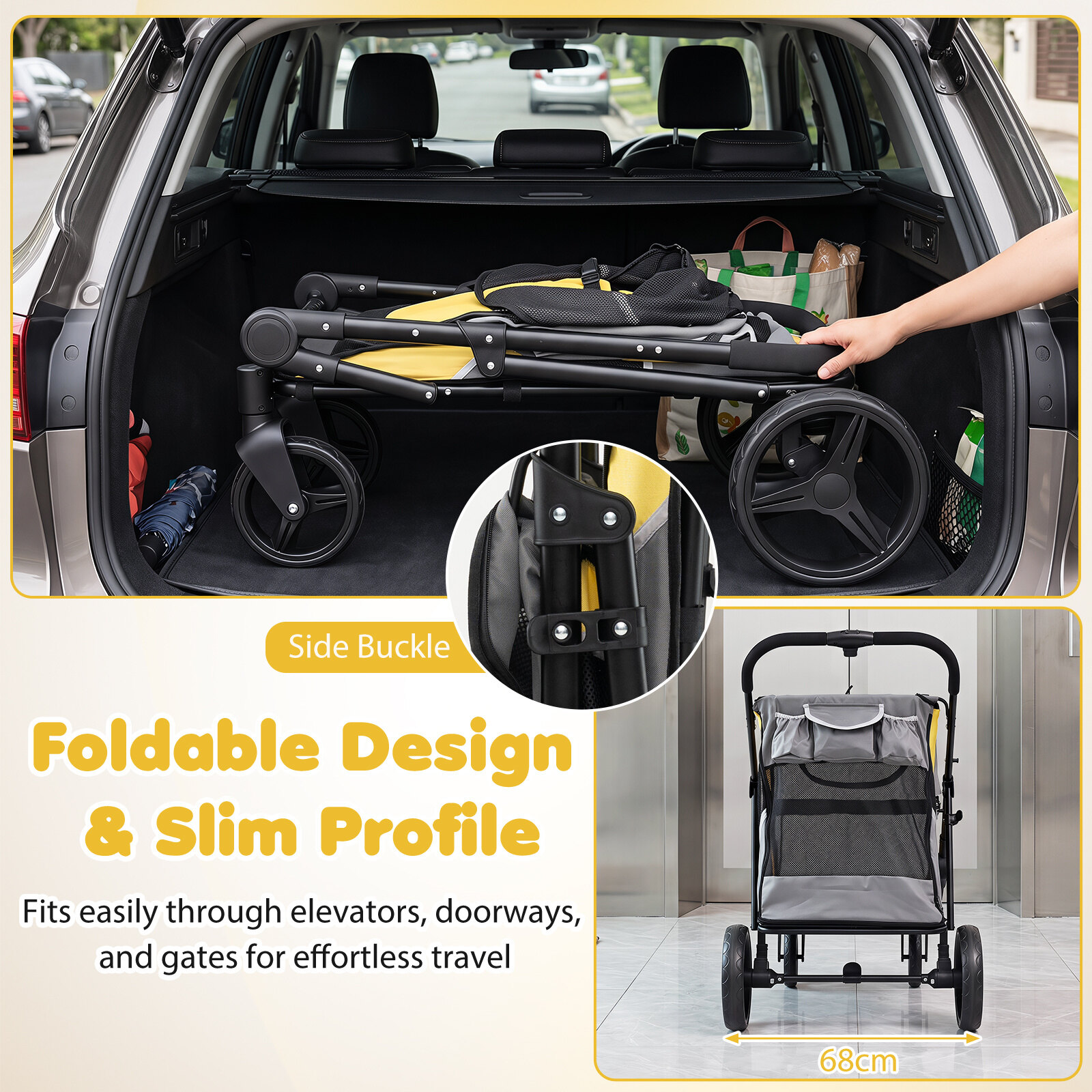220 LBS Heavy Duty Dog Stroller for Large and Medium Dogs with One-Step Foot Brake and Top & Front Windows-Yellow