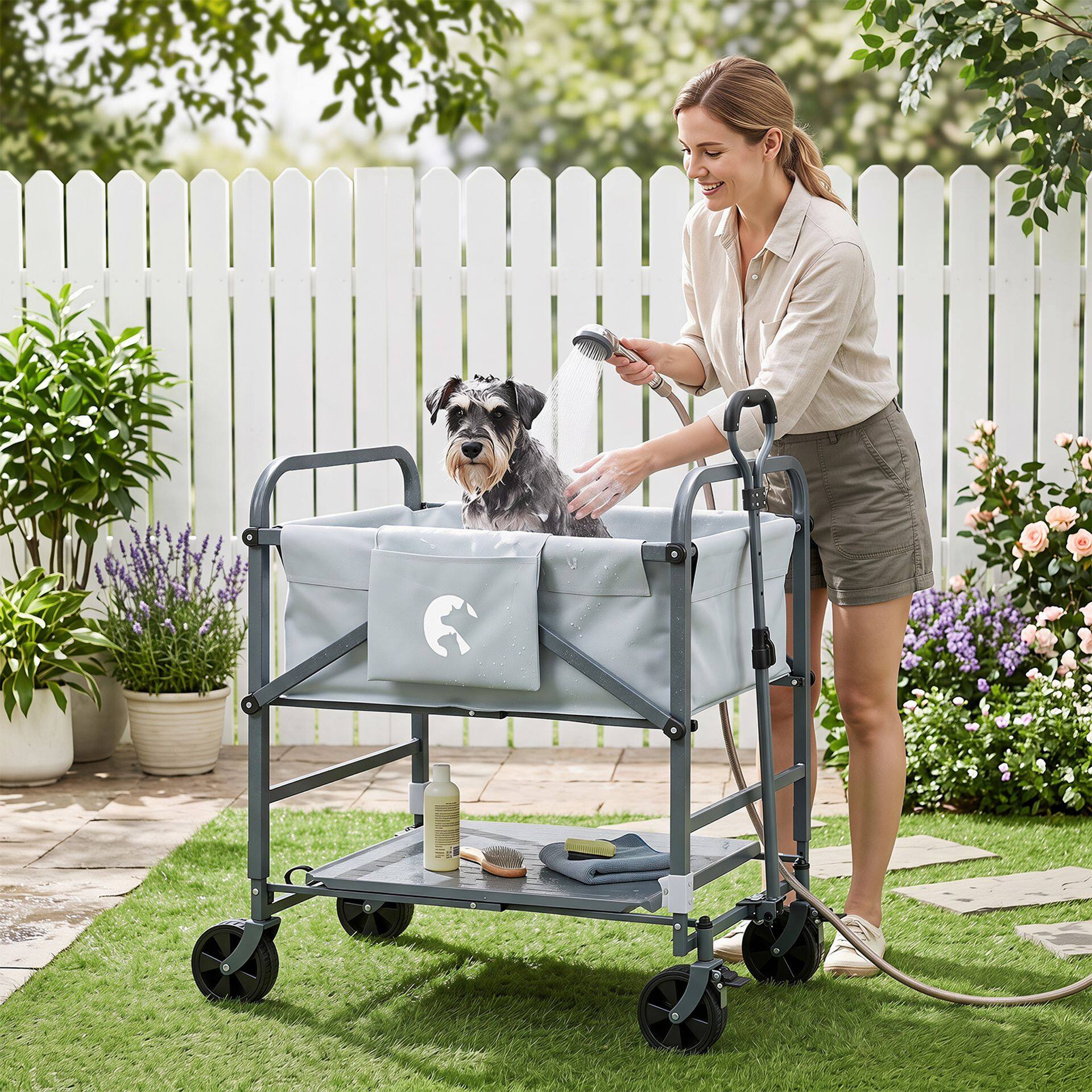 Foldable Dog Bath Cart with Adjustable Height & 4 Wheels for Pets-Gray Foldable Dog Bath Cart with Adjustable Height & 4 Wheels for Pets-Gray