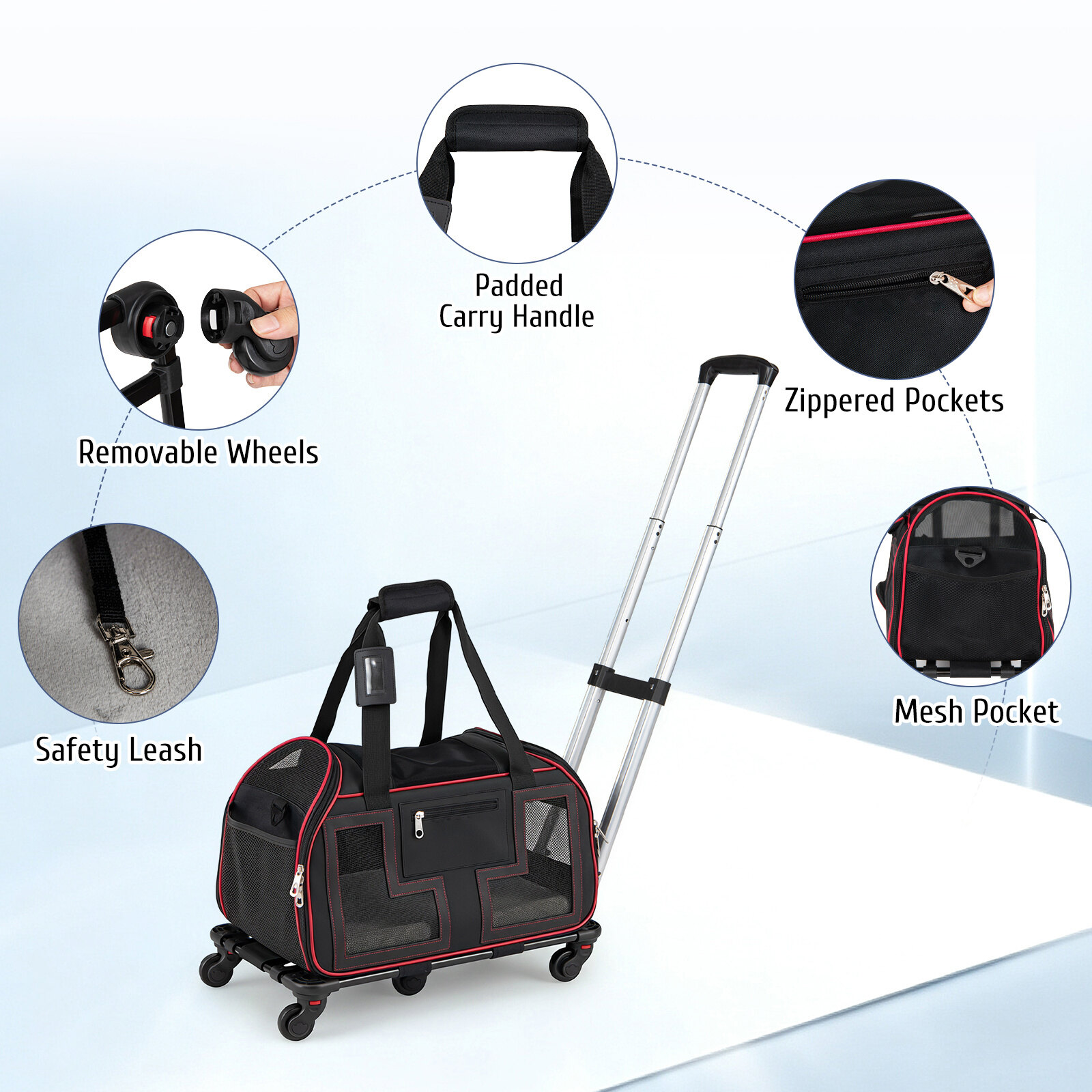 Rolling Pet Carrier with Wheels & Telescopic Handle and Mesh Windows for Pets-Red Rolling Pet Carrier with Wheels & Telescopic Handle and Mesh Windows for Pets-Red