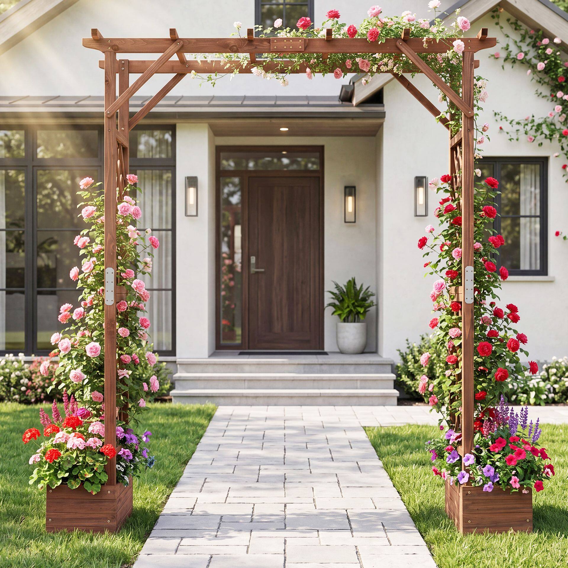 87in Tall Wooden Garden Arbor with Planter Boxes and Hanging Roof for Climbing Plants-Orange 87in Tall Wooden Garden Arbor with Planter Boxes and Hanging Roof for Climbing Plants-Orange
