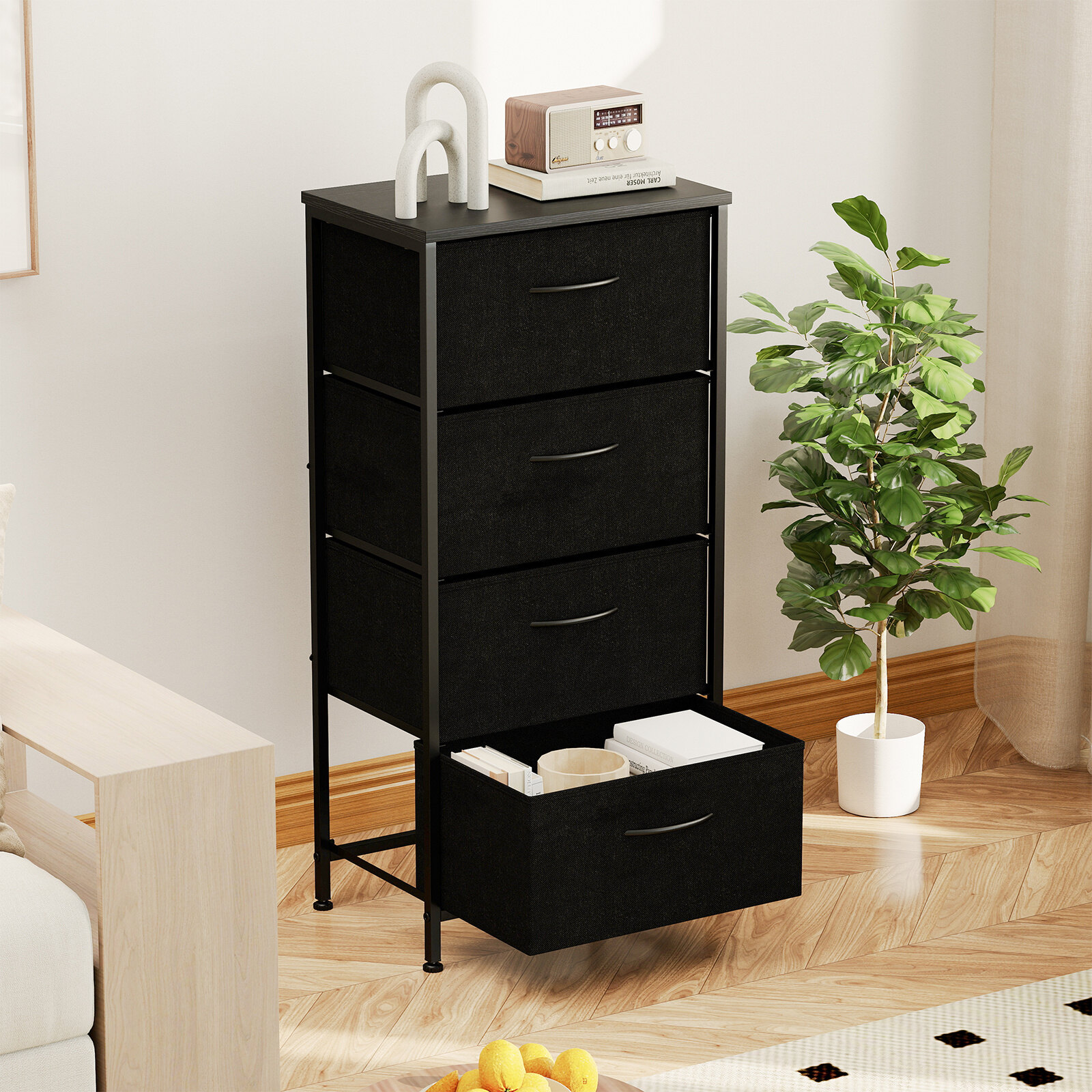 Chest of drawers with 4 drawers, chest of drawers with wooden top, sideboard with sturdy metal frame, black