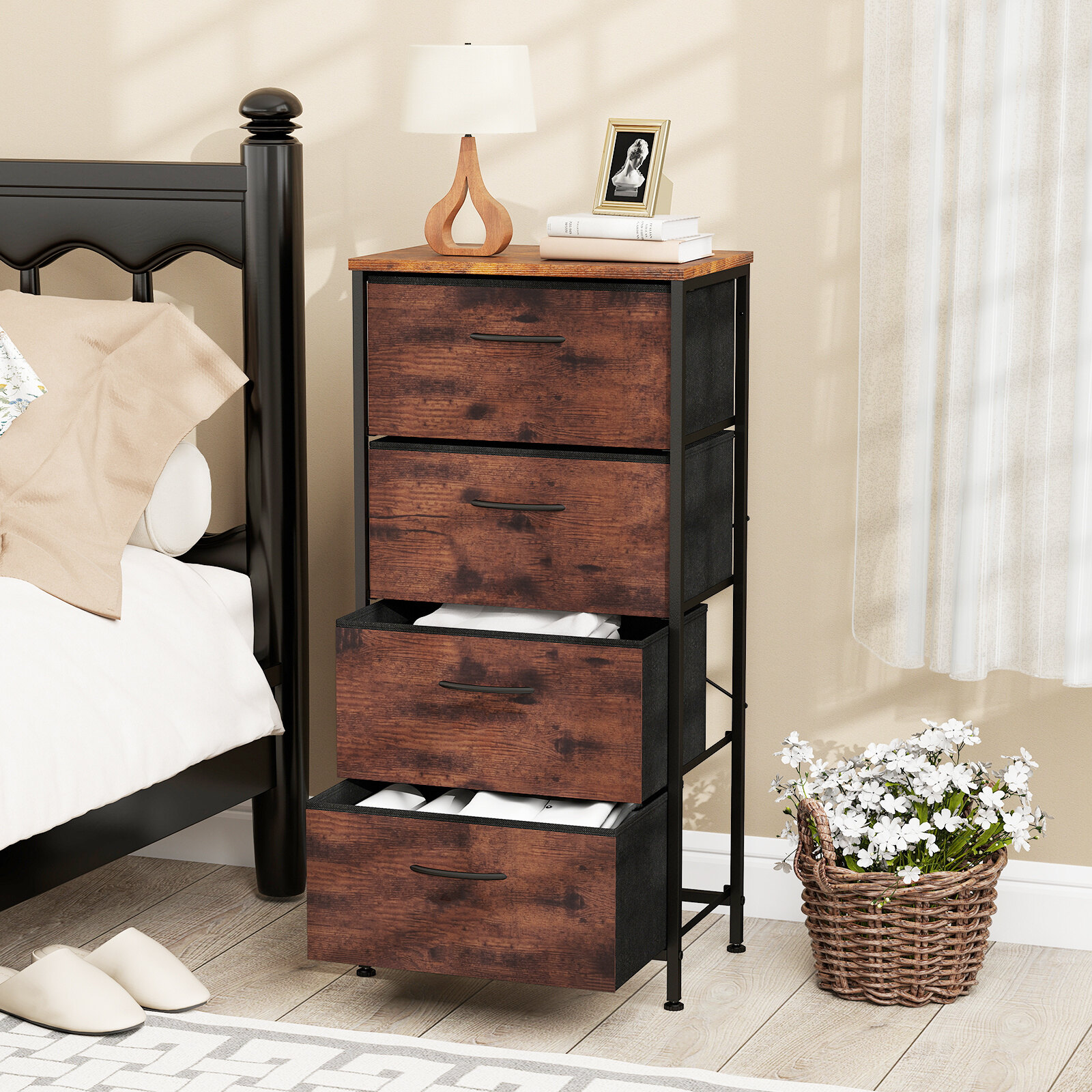 Chest of drawers with 4 fabric drawers, wooden top, and metal frame, brown.