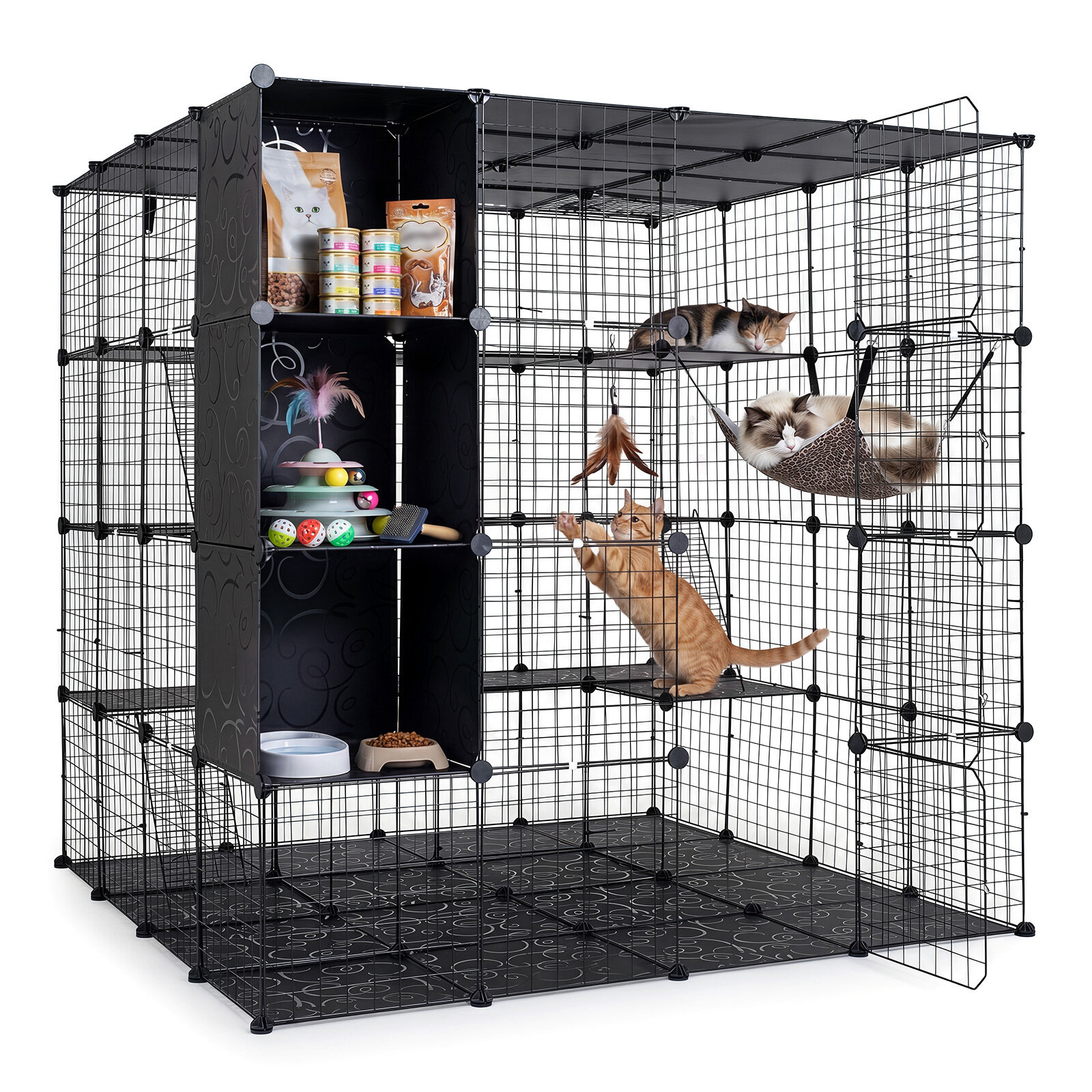 Modulaarne kassipuur, kokkupandav kassipuur mänguaedikuga, 144 x 144 x 142 cm, must
