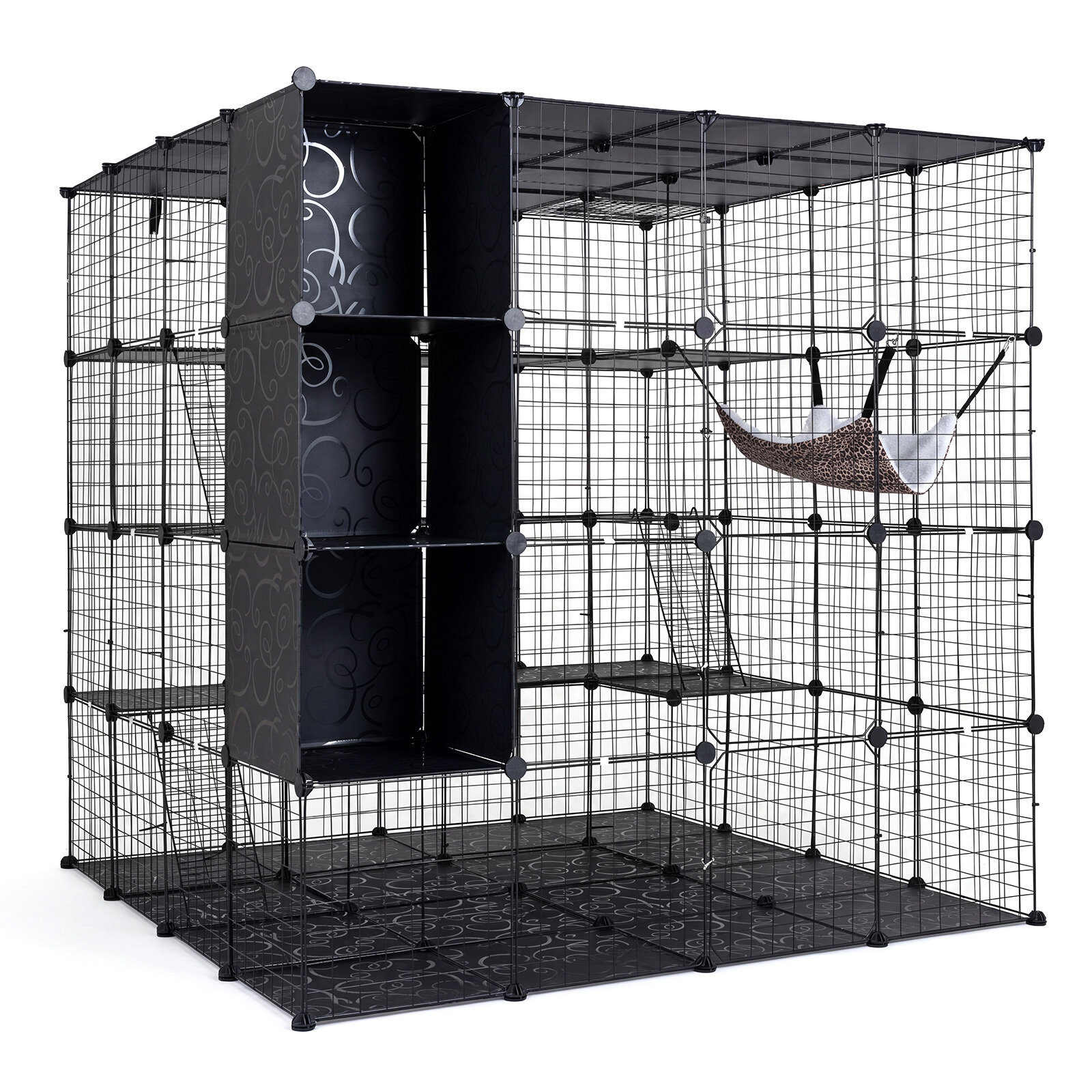 Modulaarne kassipuur, kokkupandav kassipuur mänguaedikuga, 144 x 144 x 142 cm, must
