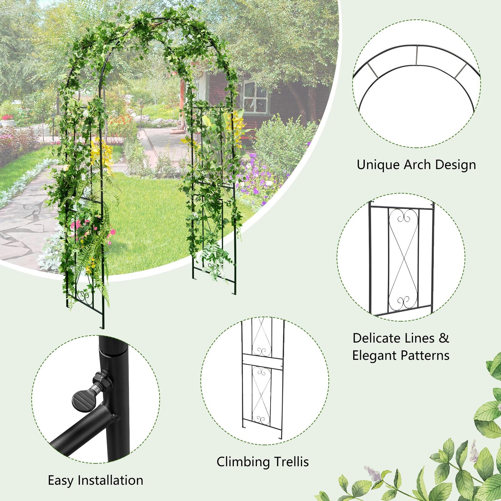 Aiakaare lehtla trellis terrassi taimealus, kaarjas - must