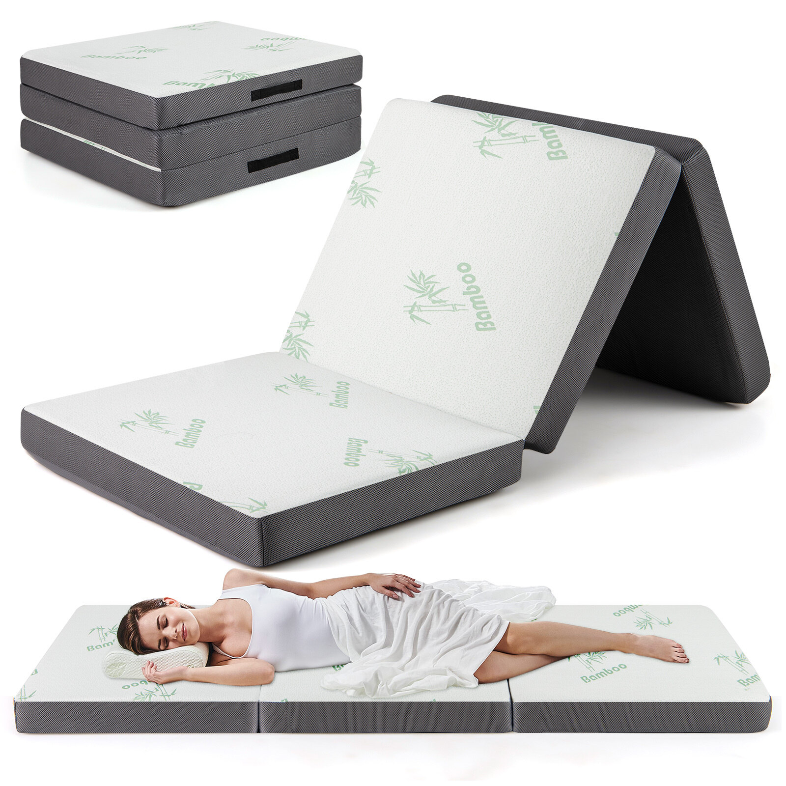 10cm Tri-Fold Floor Mattress with Washable Cover for Camping and Yoga-Grey 10cm Tri-Fold Floor Mattress with Washable Cover for Camping and Yoga-Grey