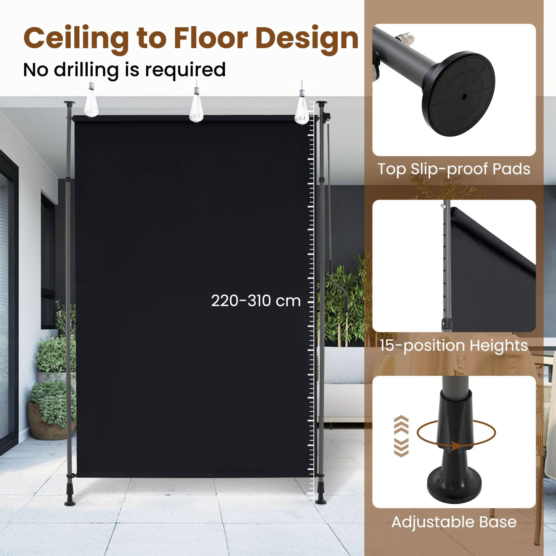 Sissetõmmatav vertikaalne ruloo 150 cm (L) x 220-310 cm (K) Reguleeritava kõrgusega vändatud õueruloo puurimist vajav privaatsusvõrk must