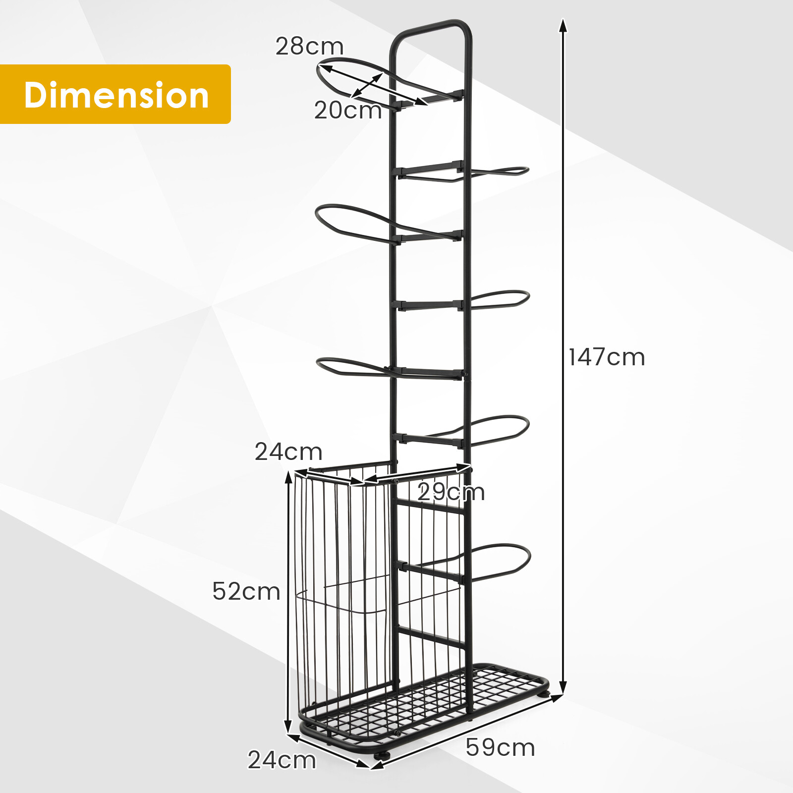 Metal Basketball Holder with 7 Removable Hanging Rods and Side Ball Basket