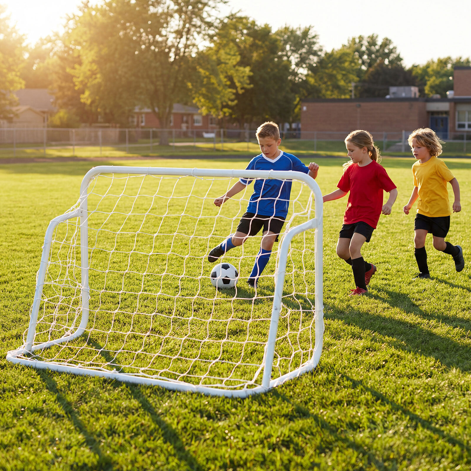 Football goal with high-strength net & metal frame. Weatherproof football goals for children & adults.