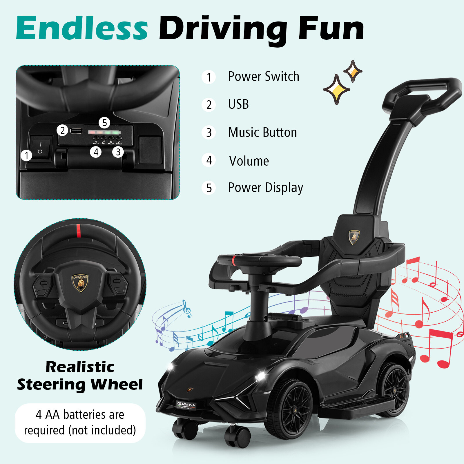 3 in 1 Licensed Lamborghini Ride Walking Toy Stroller-Black 3 in 1 Licensed Lamborghini Ride Walking Toy Stroller-Black