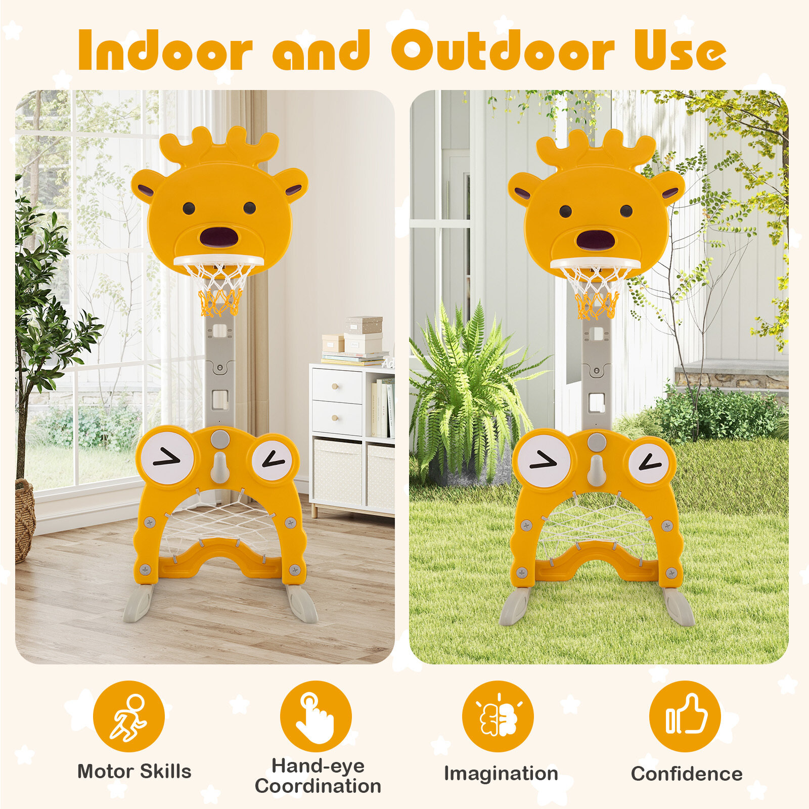 4-ühes väikelapse kõrgusega reguleeritav korvpallirõngas rõngaviskega 3+ lastele