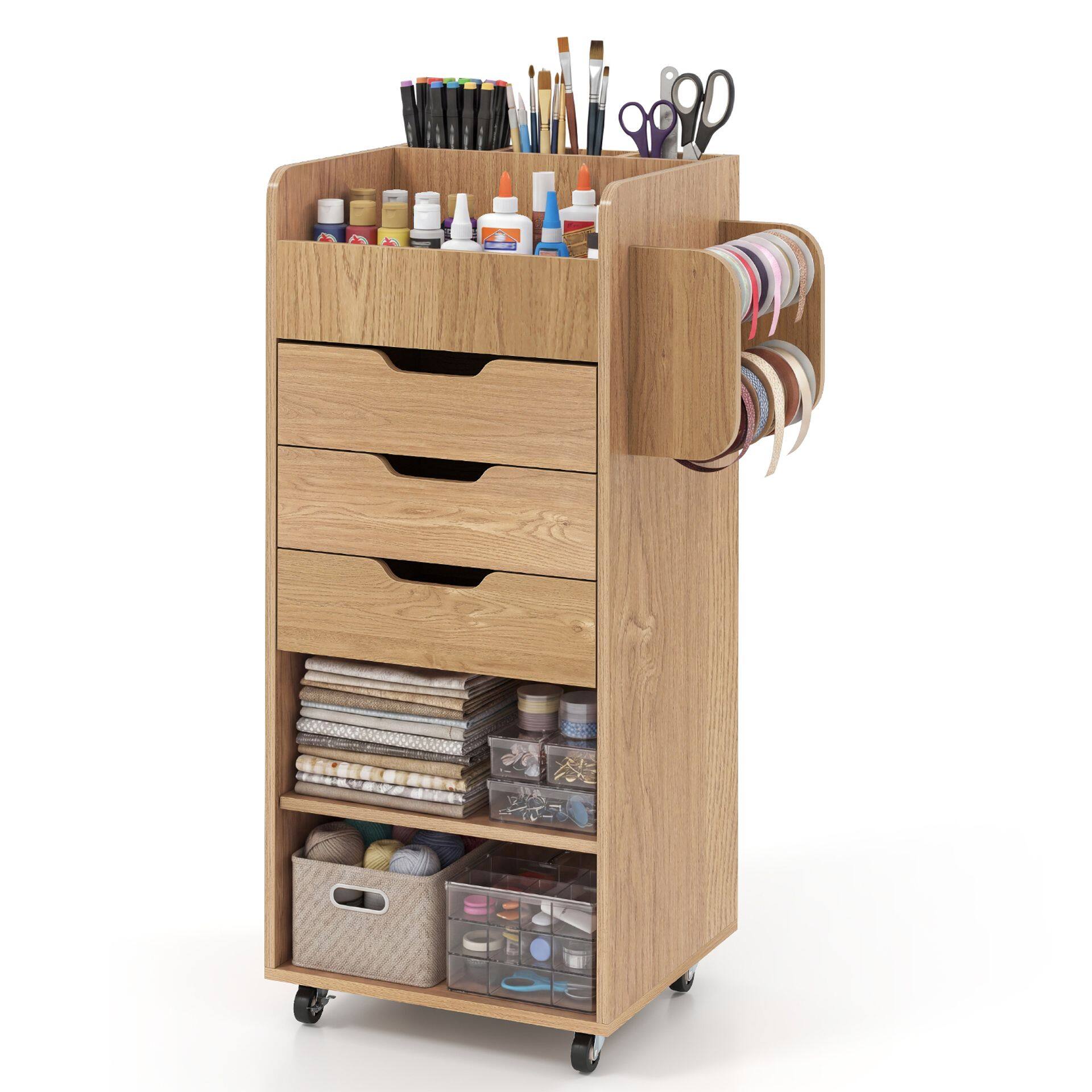 Rolling container with 3 drawers, 2 rolling rods & 3 compartments, craft trolley, 48.5 x 33.5 x 85.5 cm, natural Rolling container with 3 drawers, 2 rolling rods & 3 compartments, craft trolley, 48.5 x 33.5 x 85.5 cm, natural