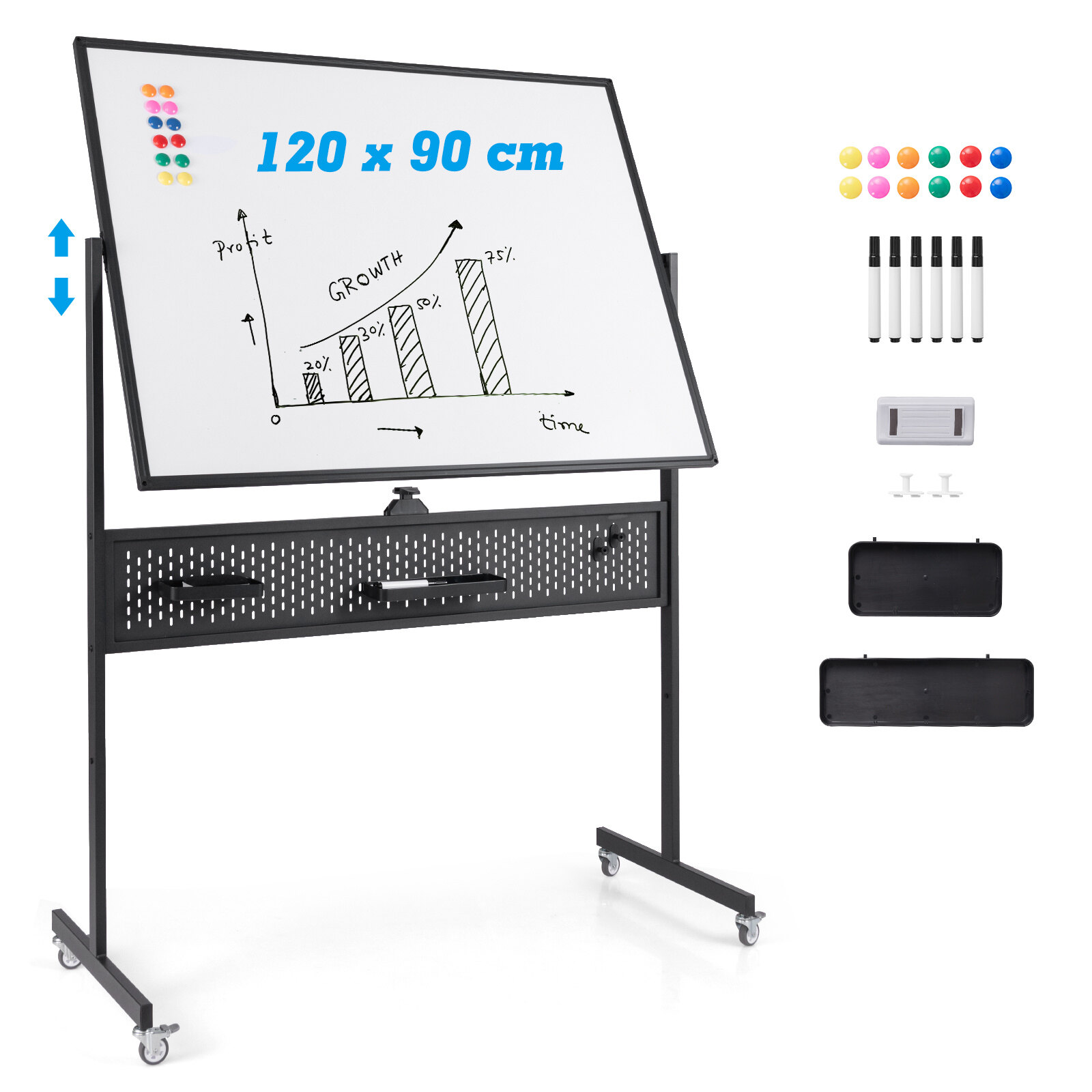 120 x 90 cm kahepoolne kuivkustutatav mobiilne tahvel alusega – must