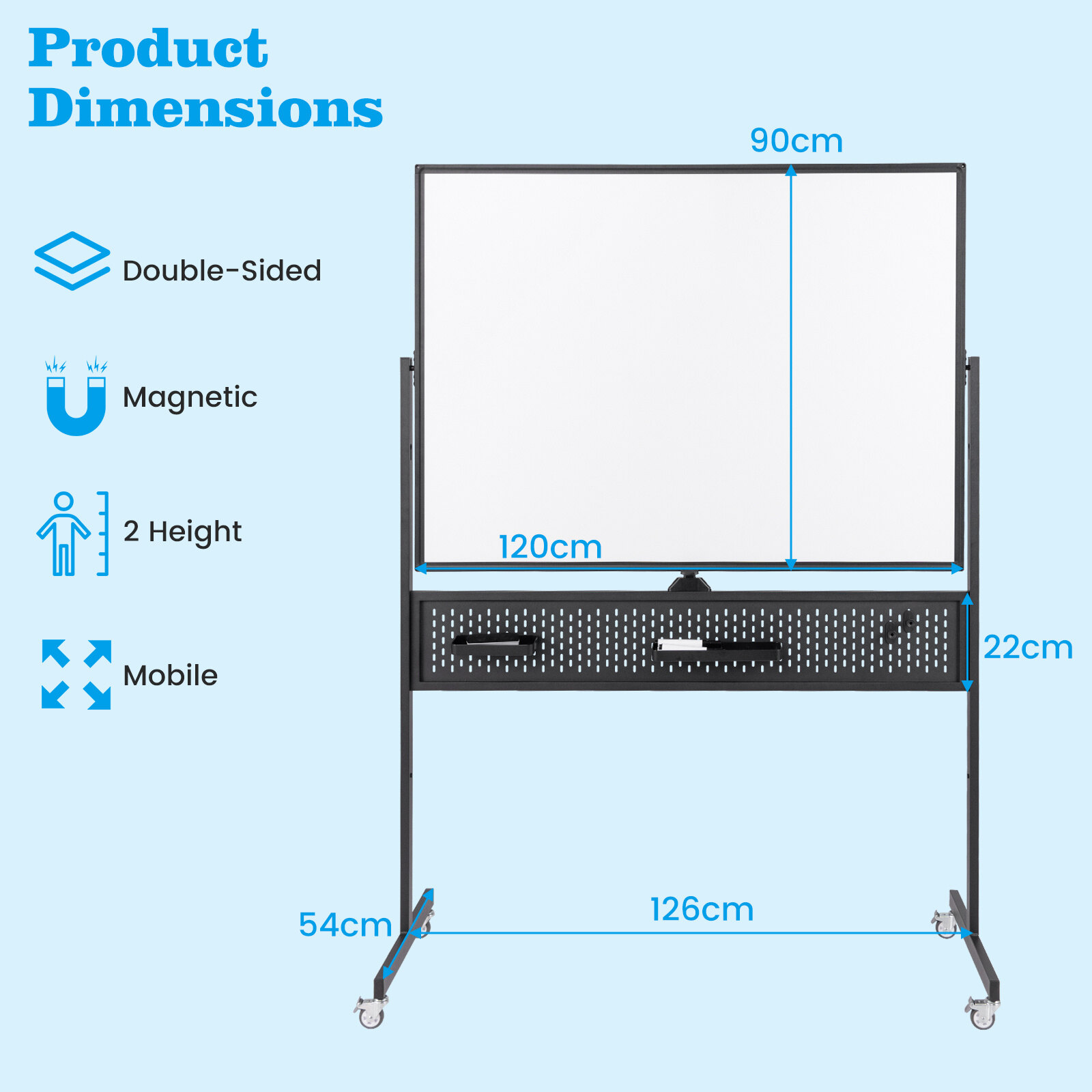 120 x 90 cm kahepoolne kuivkustutatav mobiilne tahvel alusega – must