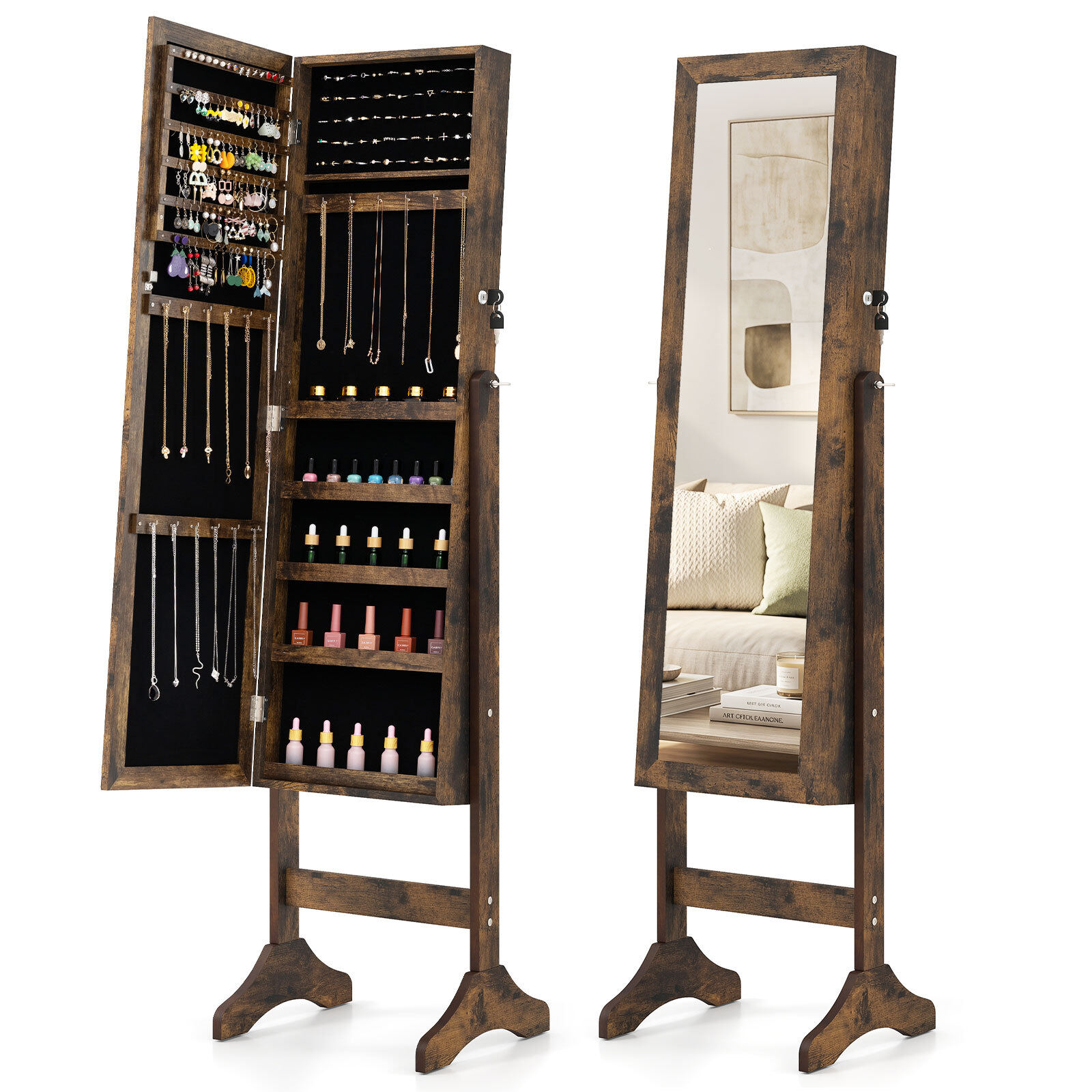 Jewelry cabinet, lockable mirrored cabinet with full-length mirror, 40 x 36 x 156 cm, brown