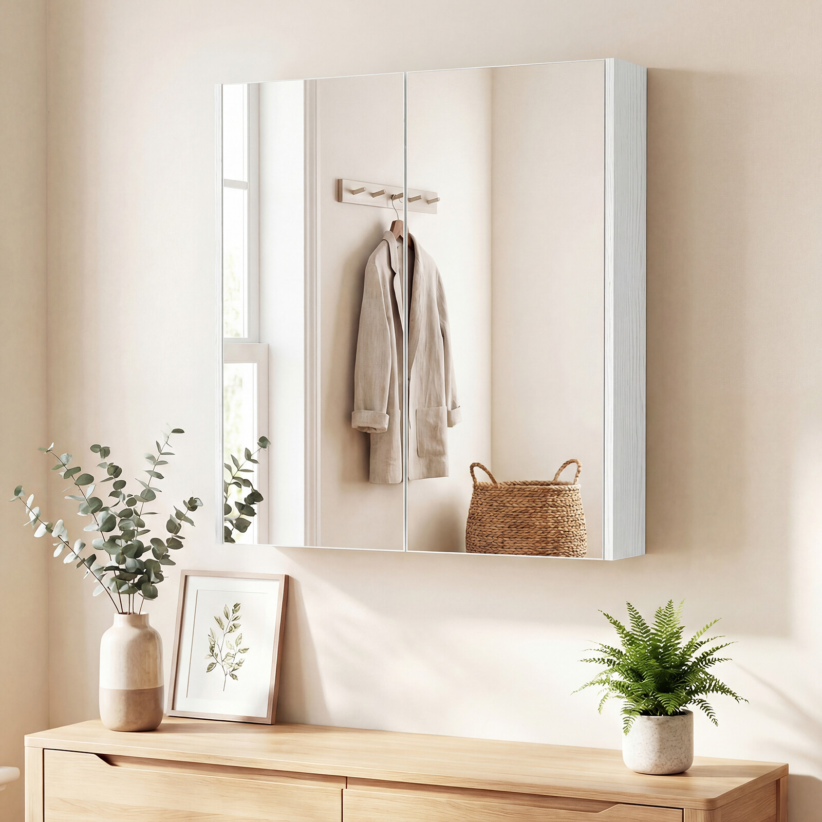 2-Tier Wall-Mounted Medicine Cabinet Bathroom Cabinet with Double Mirrored Doors Surface or Recessed Installation White