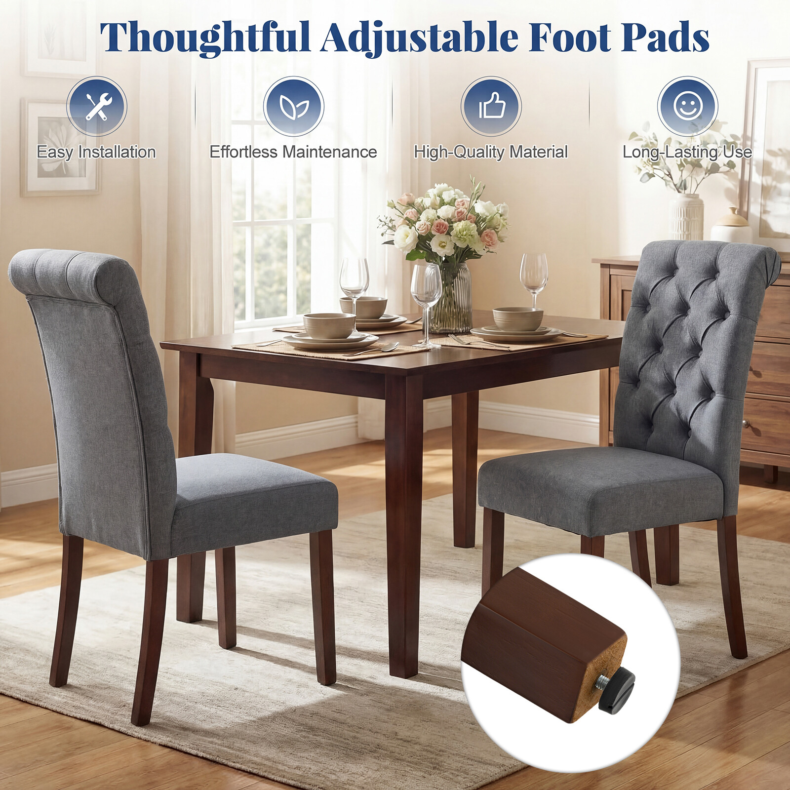 Set of 2 Dining Chairs with Wooden Legs, Padded Seat and High Upholstered Backrest, 150KG Load Capacity, Grey Set of 2 Dining Chairs with Wooden Legs, Padded Seat and High Upholstered Backrest, 150KG Load Capacity, Grey