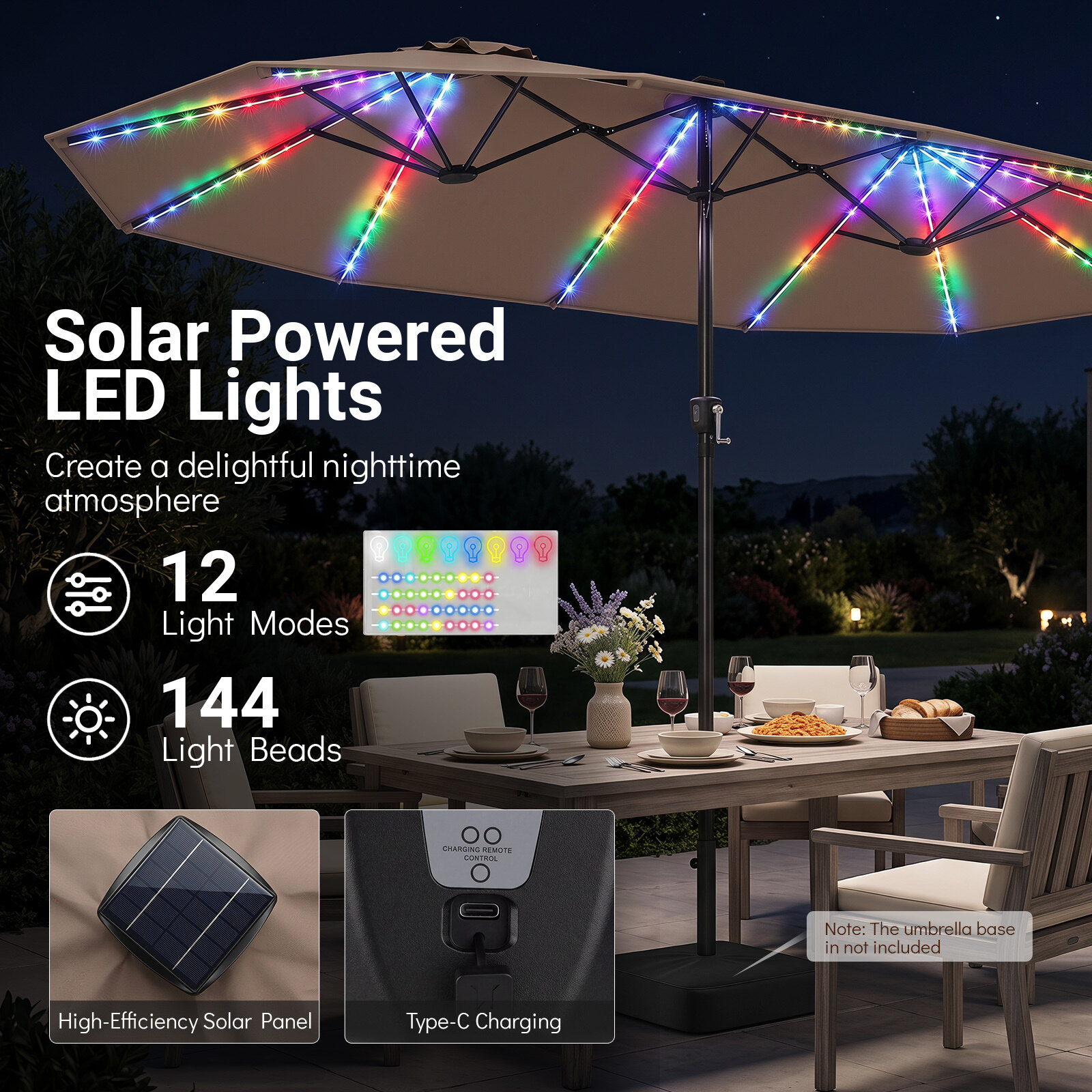 4,5 m kahepoolne terrassivari 144 päikesepatareiga LED-tulega, vändaga, ilma aluseta - pruun