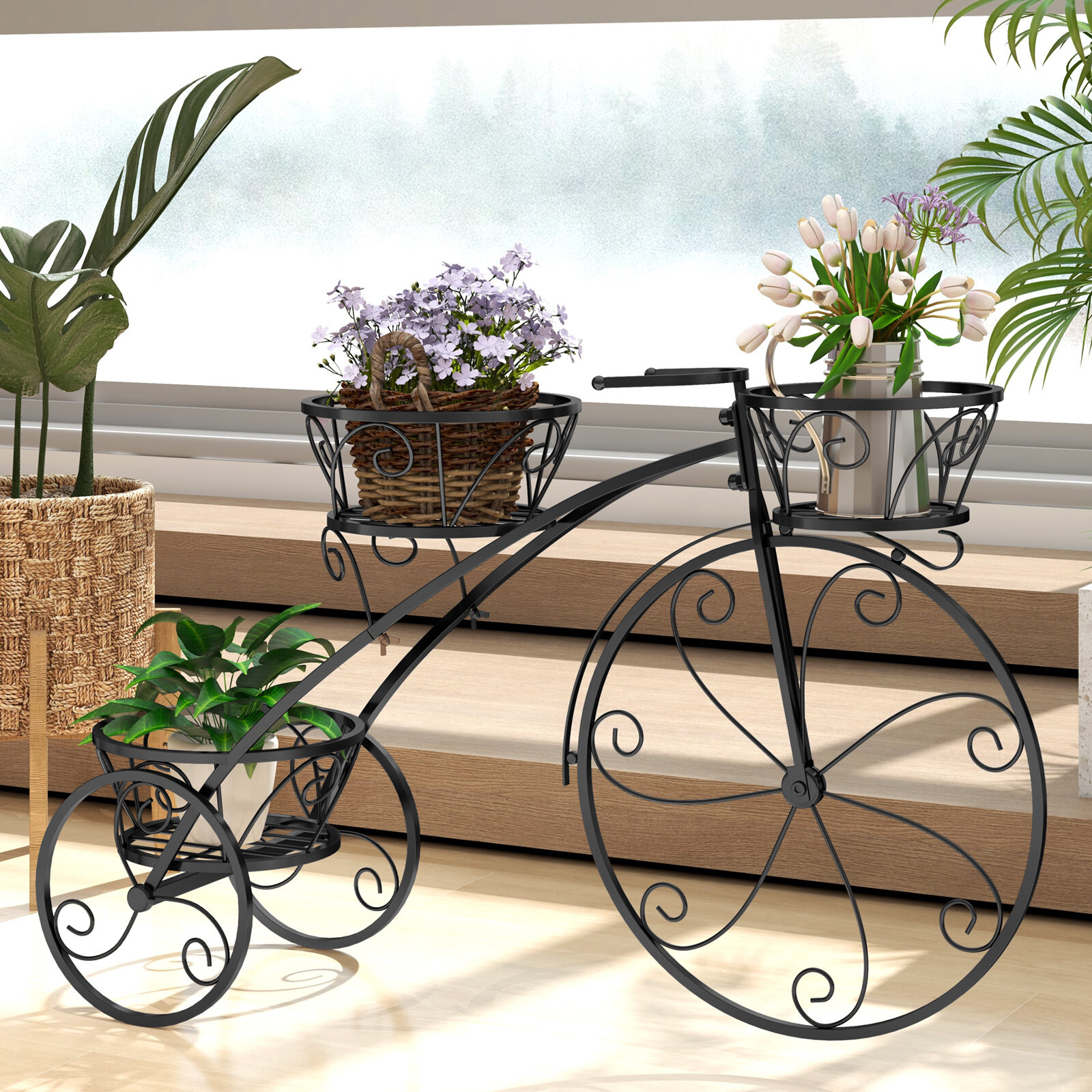 Kolmerattalise lillealusega lillepotihoidja, käruhoidja 3 õõneskorviga - must