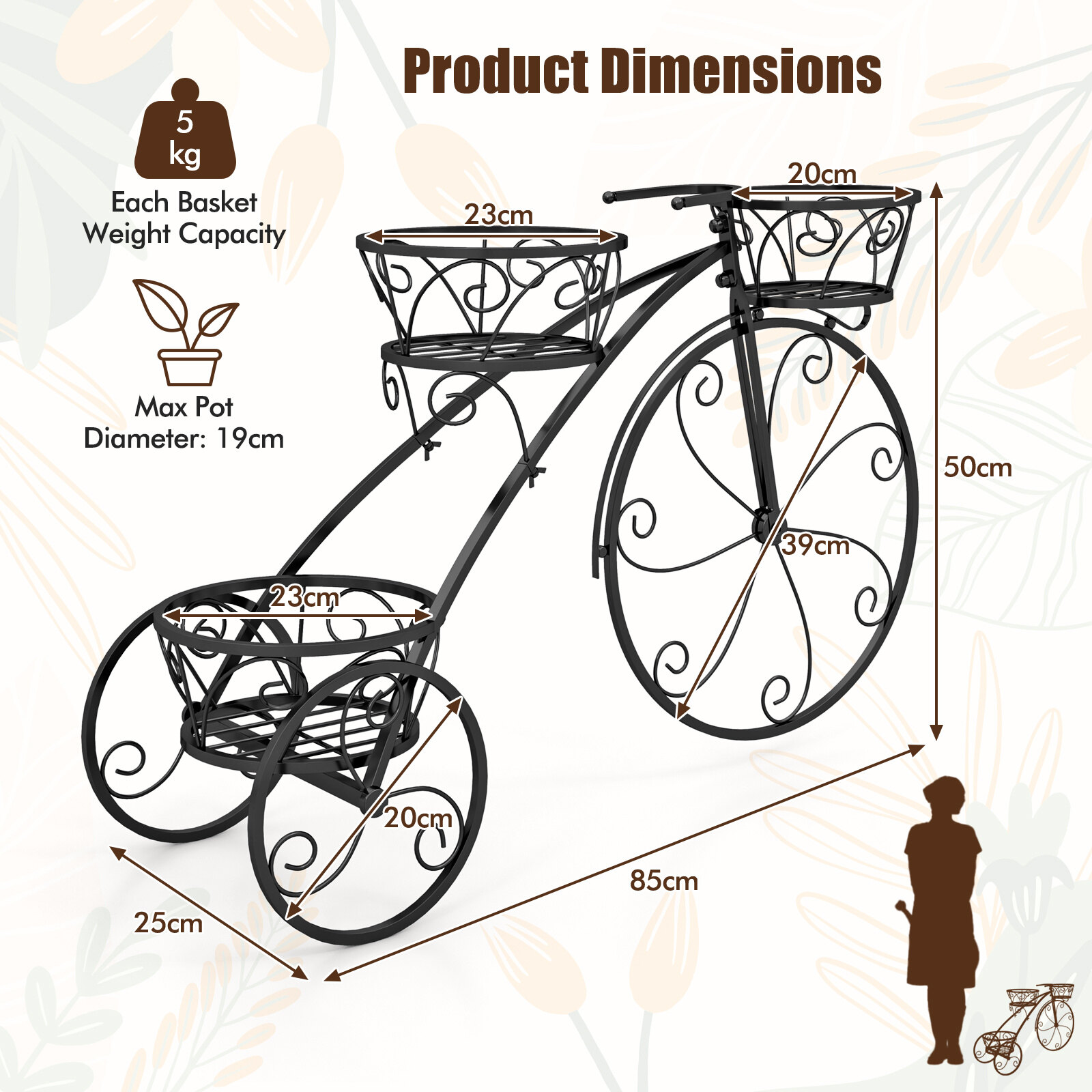 Kolmerattalise lillealusega lillepotihoidja, käruhoidja 3 õõneskorviga - must