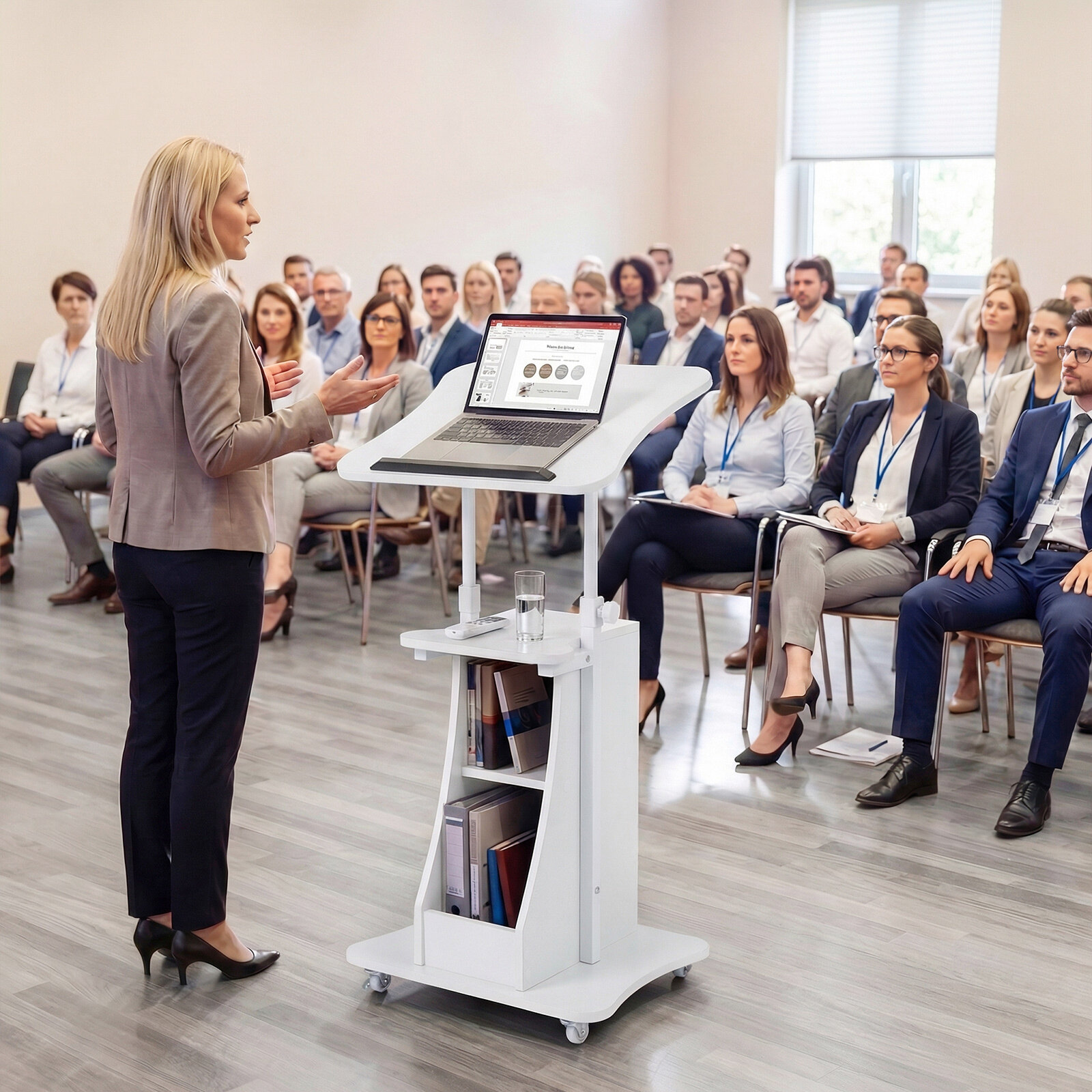Kõnepult, kõrguse reguleerimisega, rataste ja kallutatava lauaga seisulaud, mobiilne seisulaud, valge
