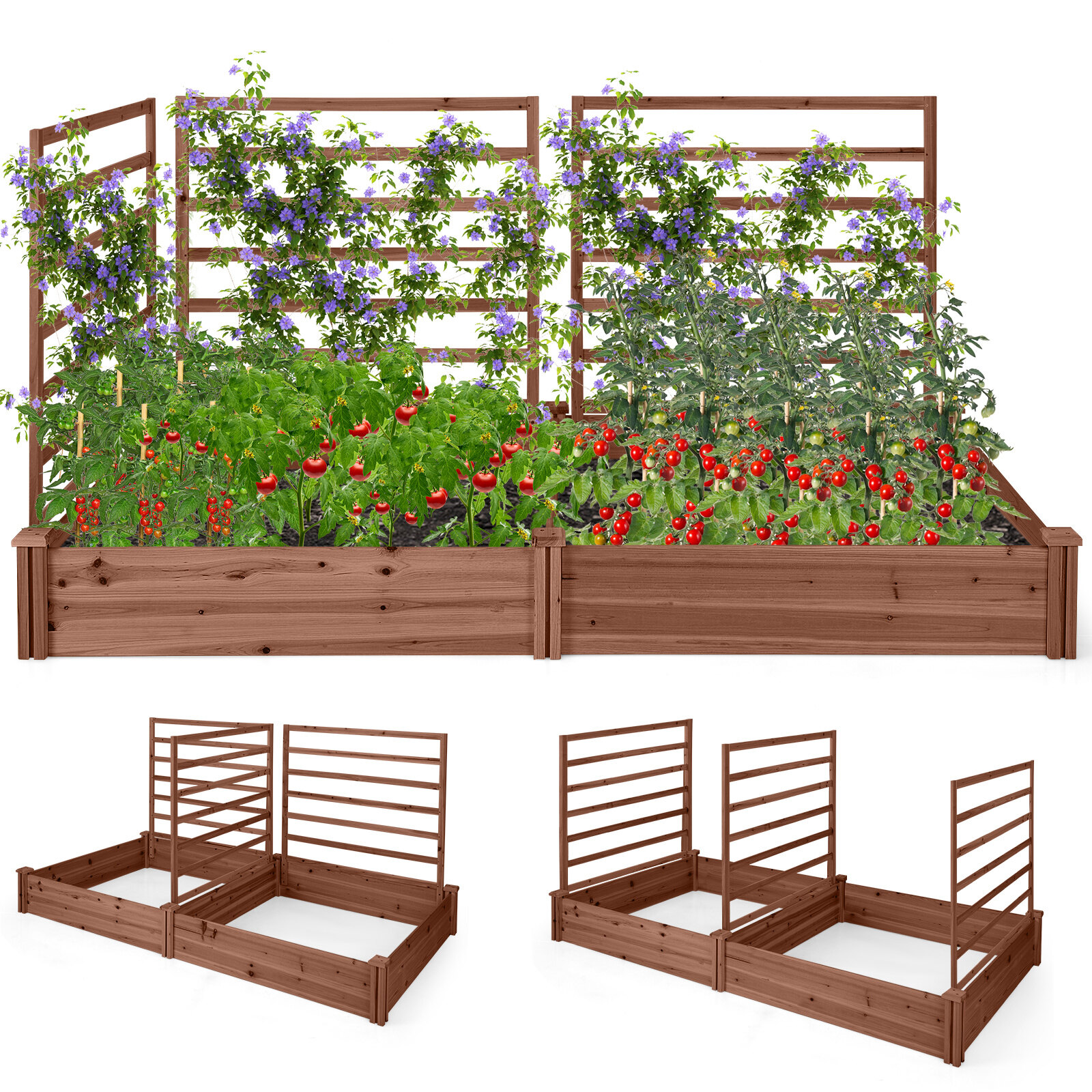Nulupuidust kõrgpeenar 222 x 114 x 110 cm, 3 võrega, avatud alusega, ronitaimedega, puuviljade, lillede, köögiviljadega, kohviga