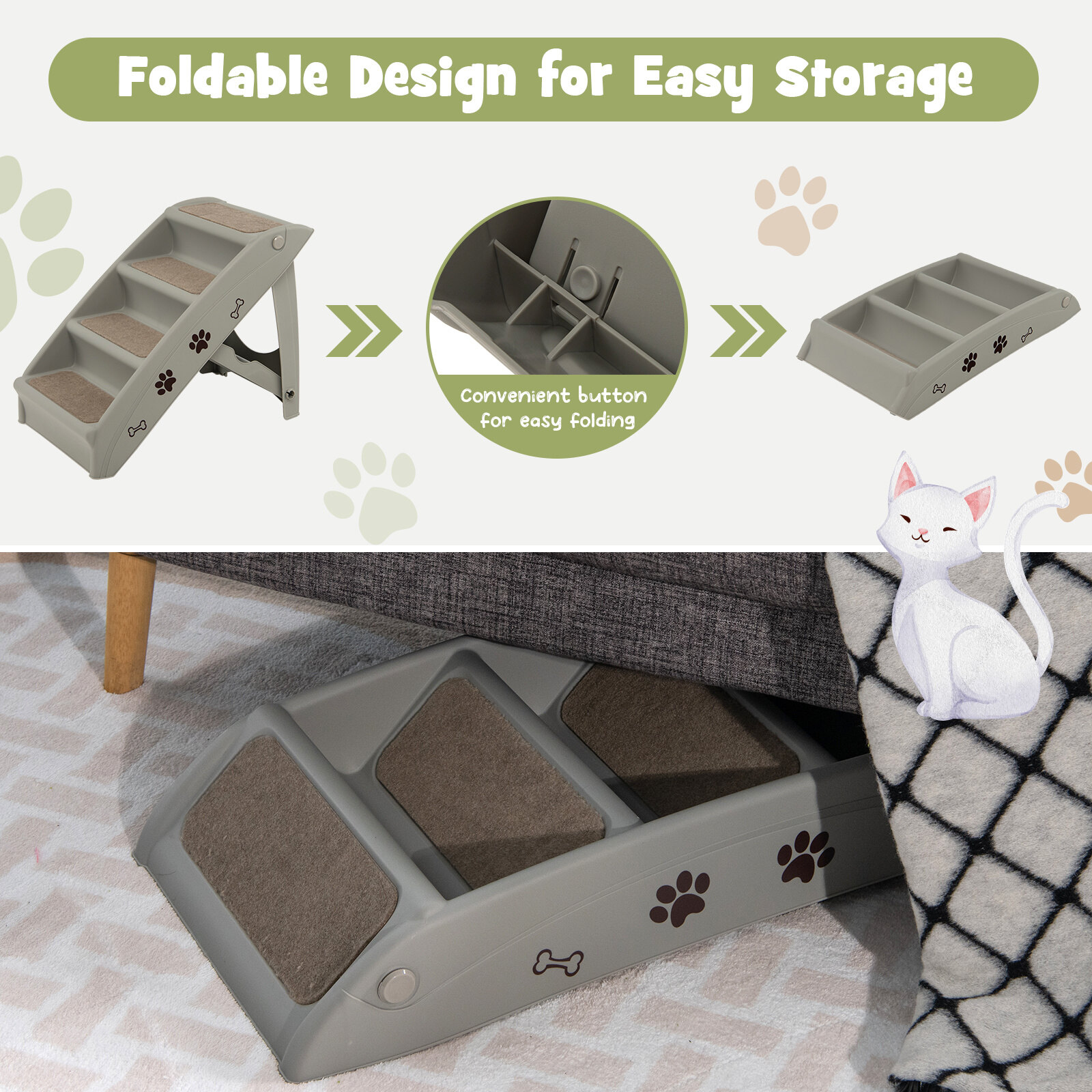 4 Steps Folding Pet Stairs with Safe Side Rail-Gray 4 Steps Folding Pet Stairs with Safe Side Rail-Gray