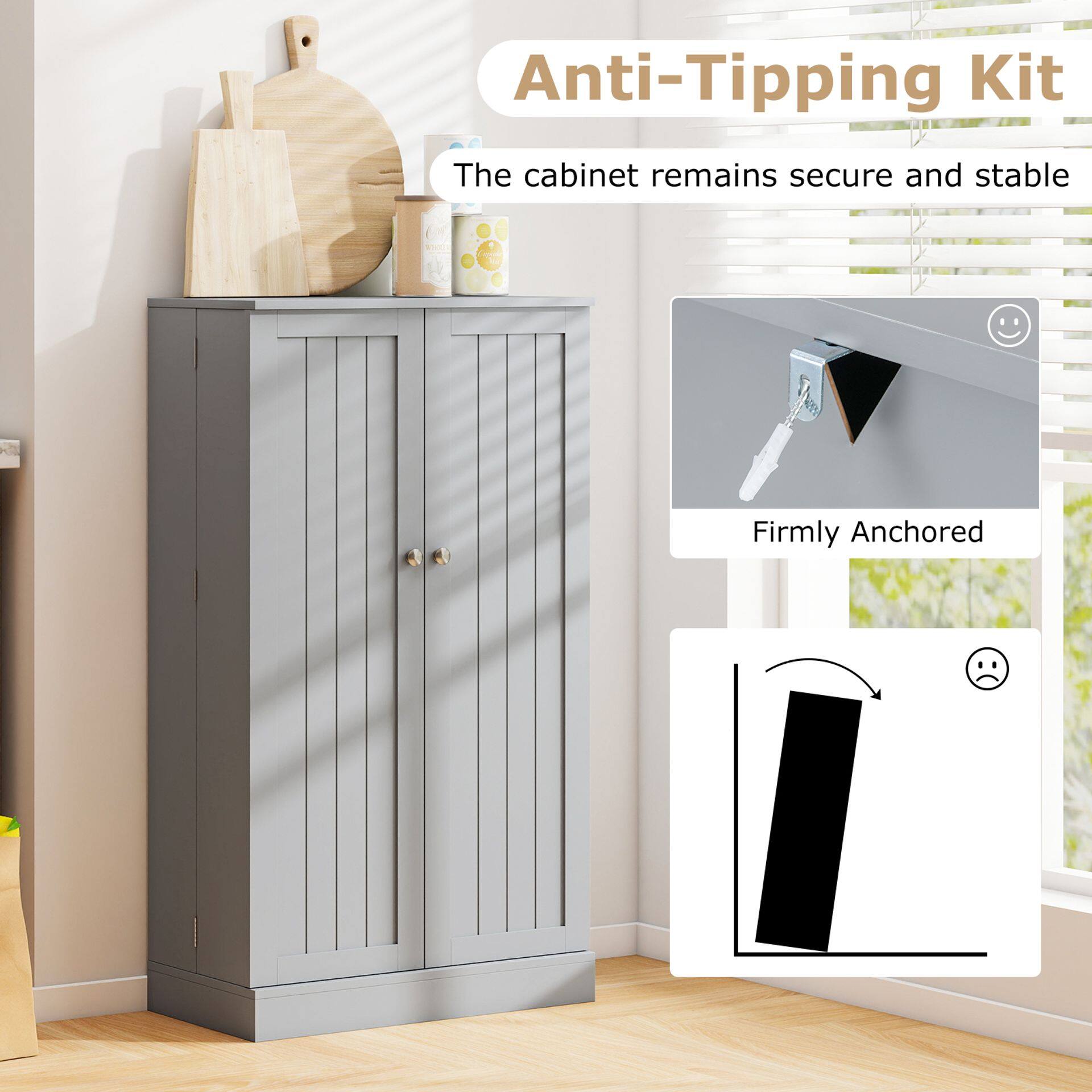 104cm Tall Kitchen Pantry Storage Cabinet with Doors and Adjustable Shelves-Grey