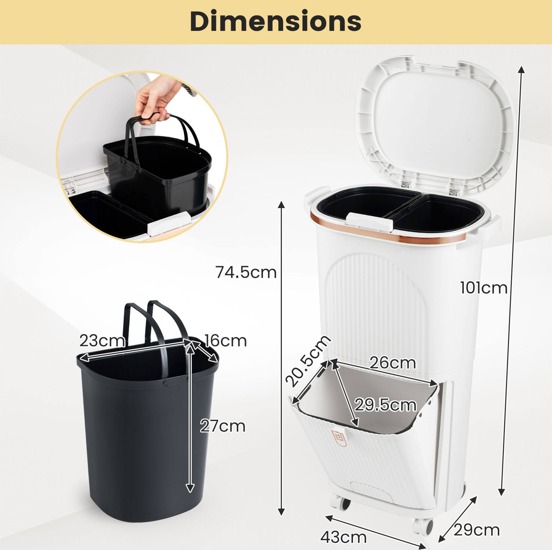38L kitchen bin with lid, 2 removable containers, foot pedal, and wheels, white 38L kitchen bin with lid, 2 removable containers, foot pedal, and wheels, white