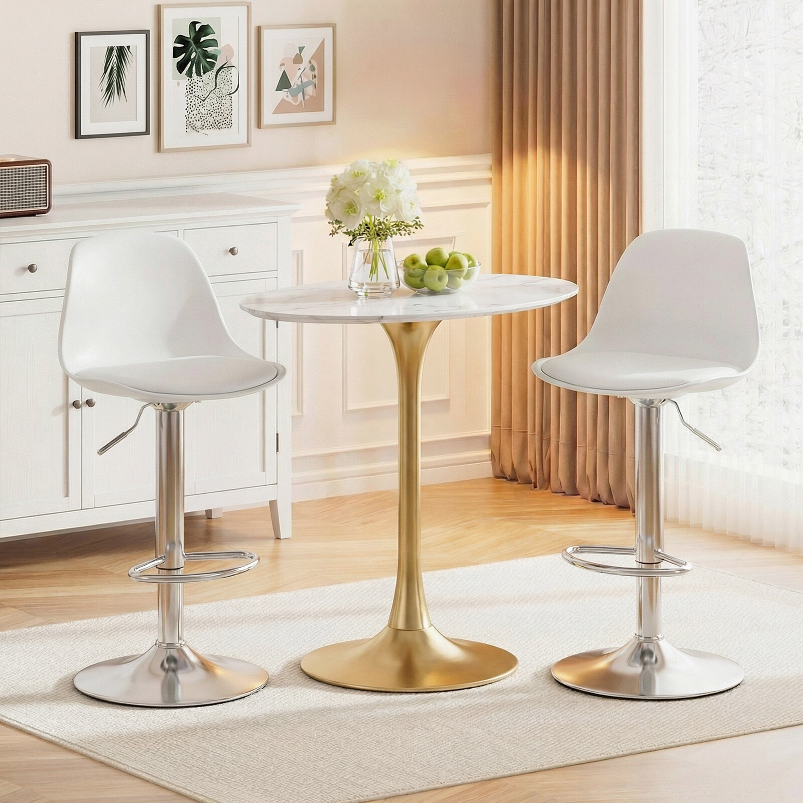 2 kunstnahast baaritooli/letitooli komplekt seljatoe, polsterdatud istme ja jalatugedega, 60-83 cm, valge