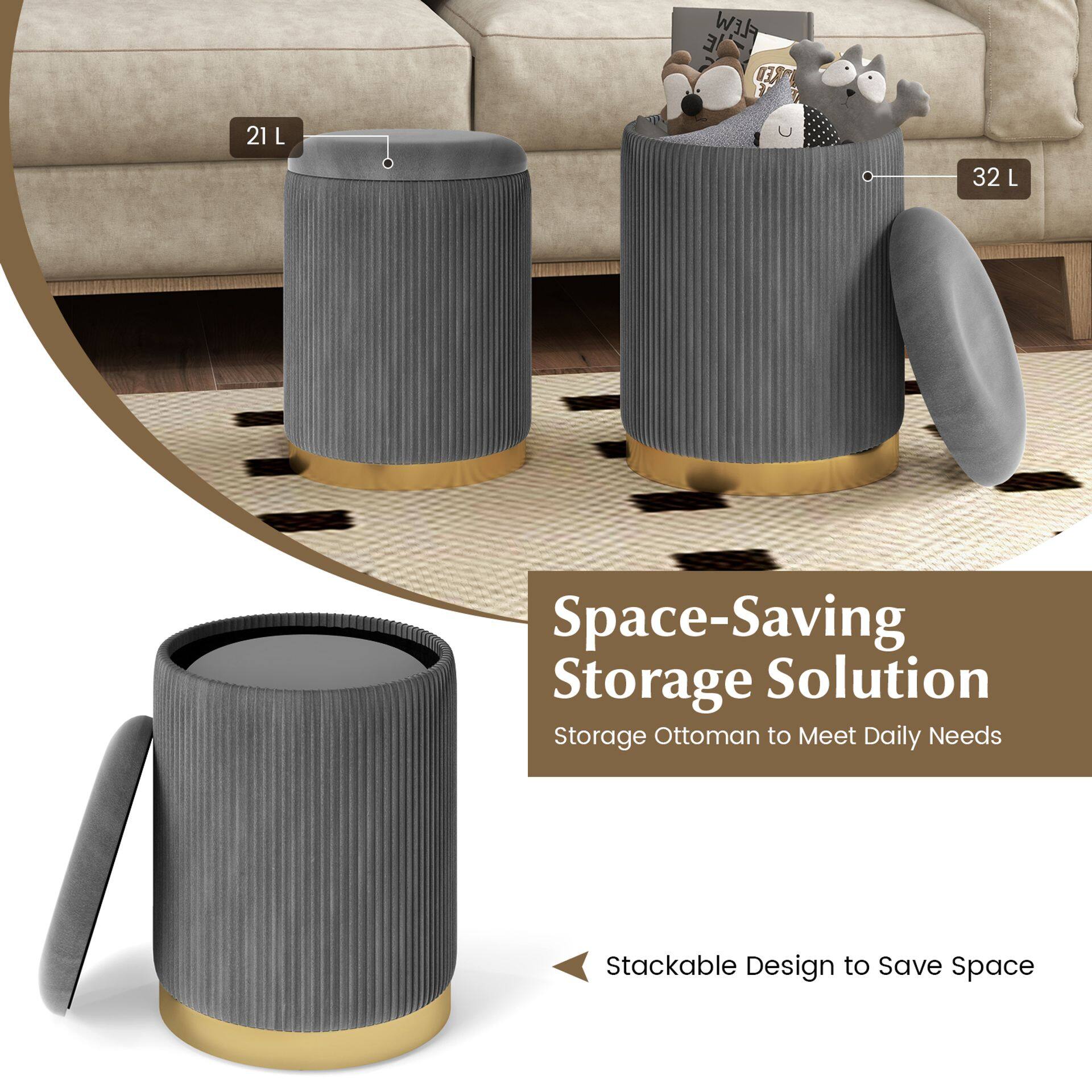 Velvet Storage Ottoman Set of 2 with Gold Stainless Steel Hoop-Grey Velvet Storage Ottoman Set of 2 with Gold Stainless Steel Hoop-Grey